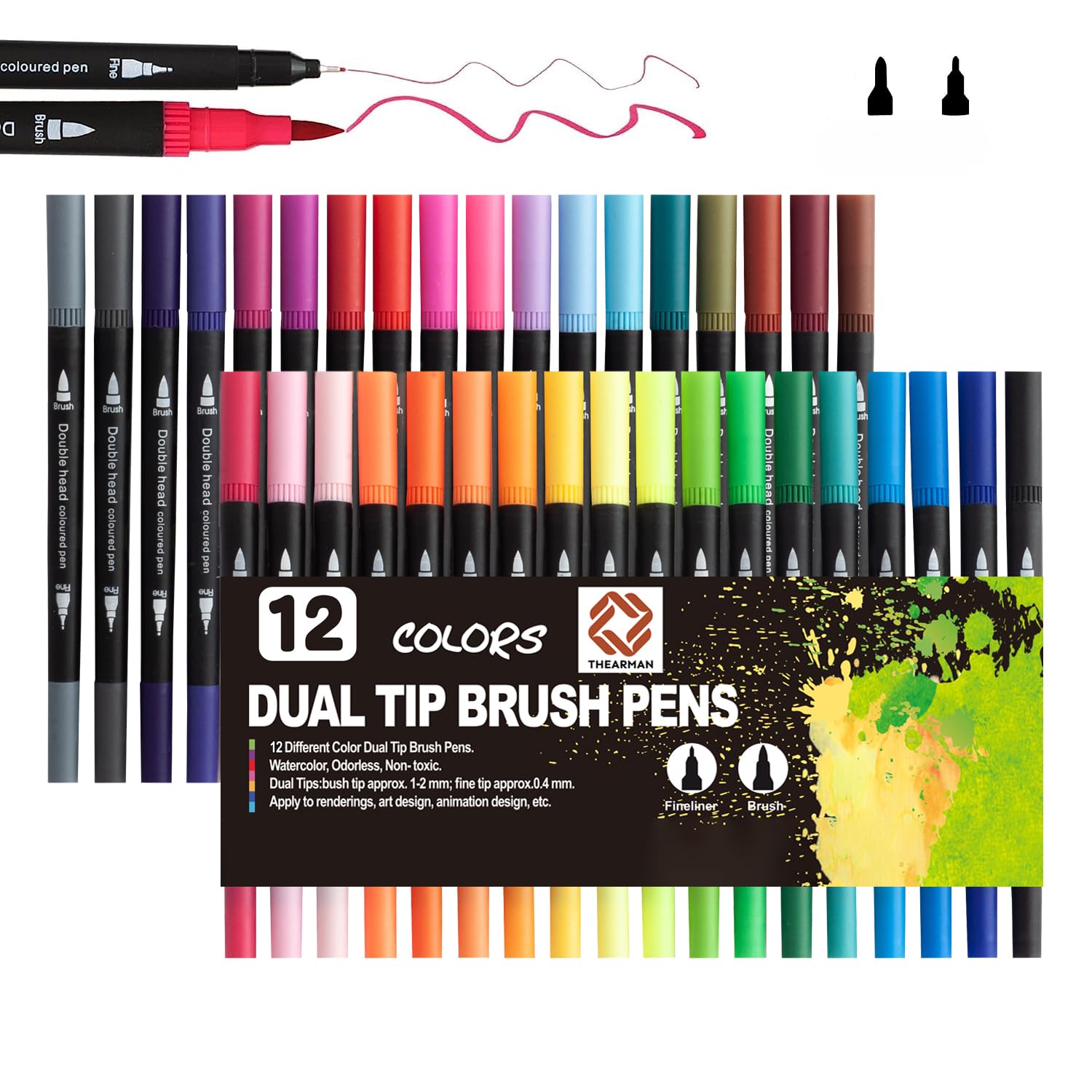 THEARMAN Dual tip brush pens Set Of 12 Coloured Fineliner Exclusively