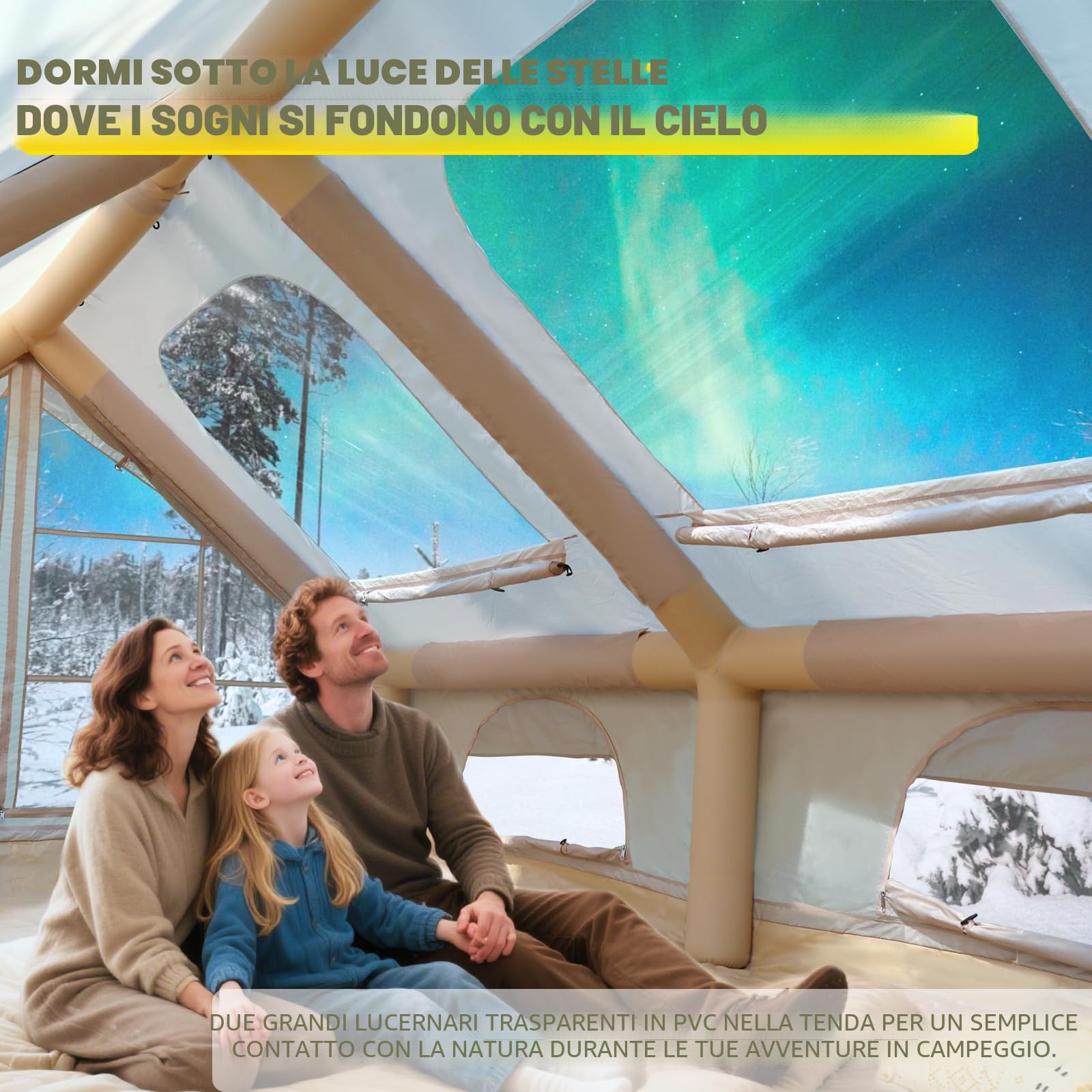 Tenda da campeggio gonfiabile 2-8 persone con apertura camino e lucernario, Oxford impermeabile 4 stagioni, pompa aria