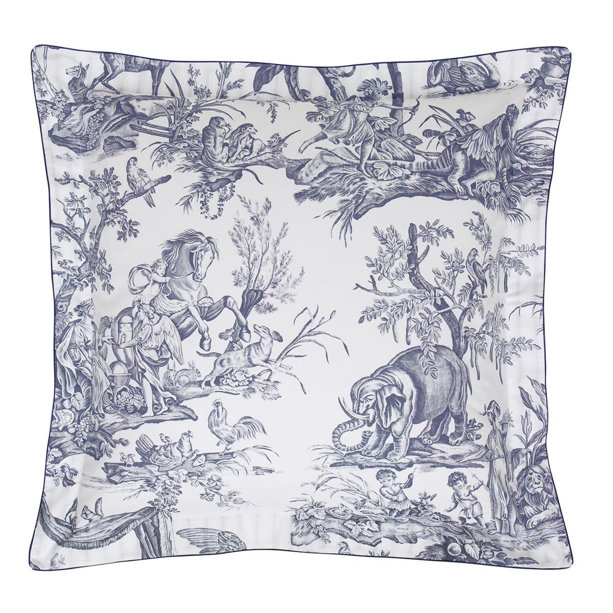 Taie d'oreiller 65x65 percale de coton Anne de Solène blanc bleu Toile de Jouy