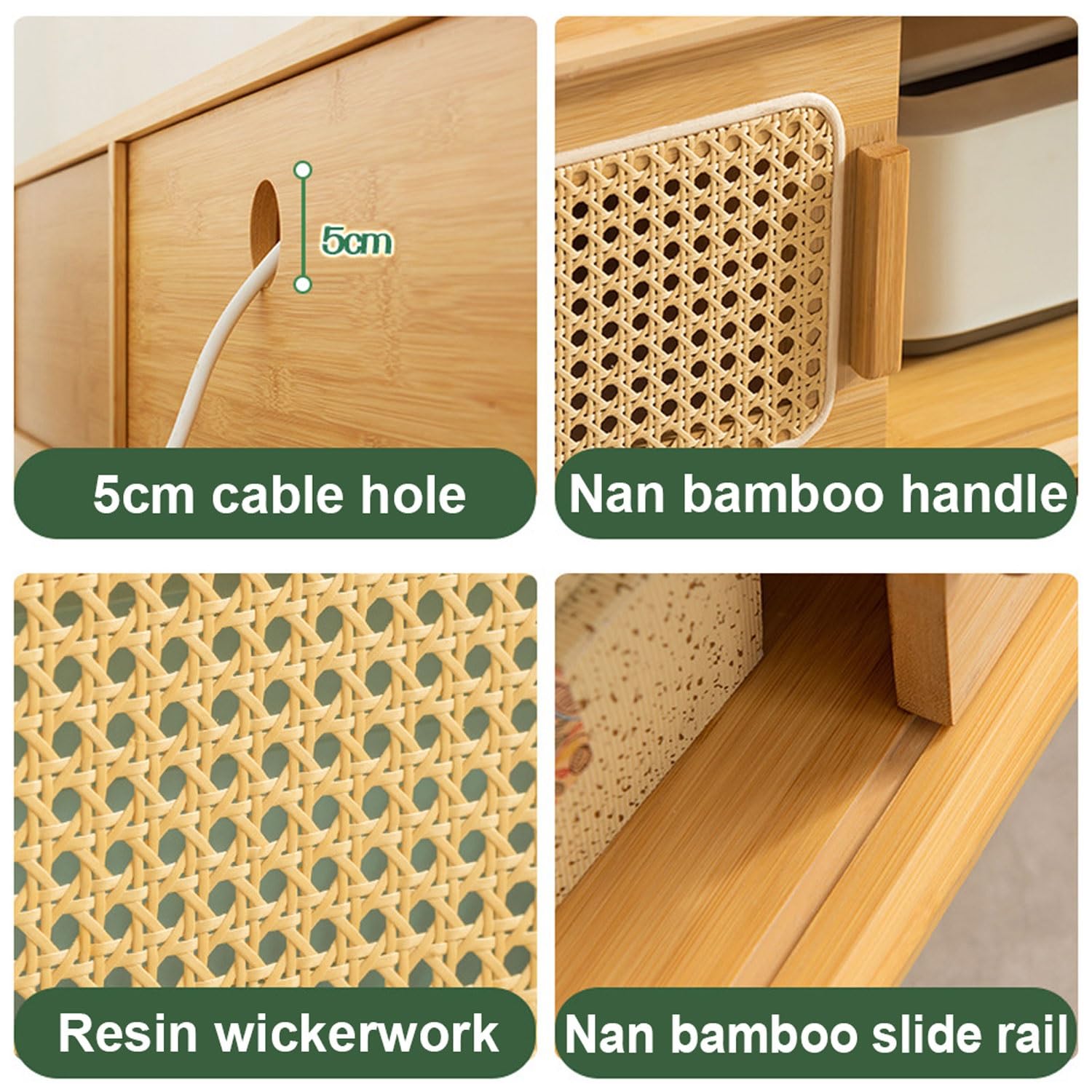 Nowoczesny bambusowy stojak na telewizor do 190 cm – rattanowa konsola multimedialna z szufladą, stylowy stół akcentujący do salonu i sypialni (160 x 31 x 37 cm)