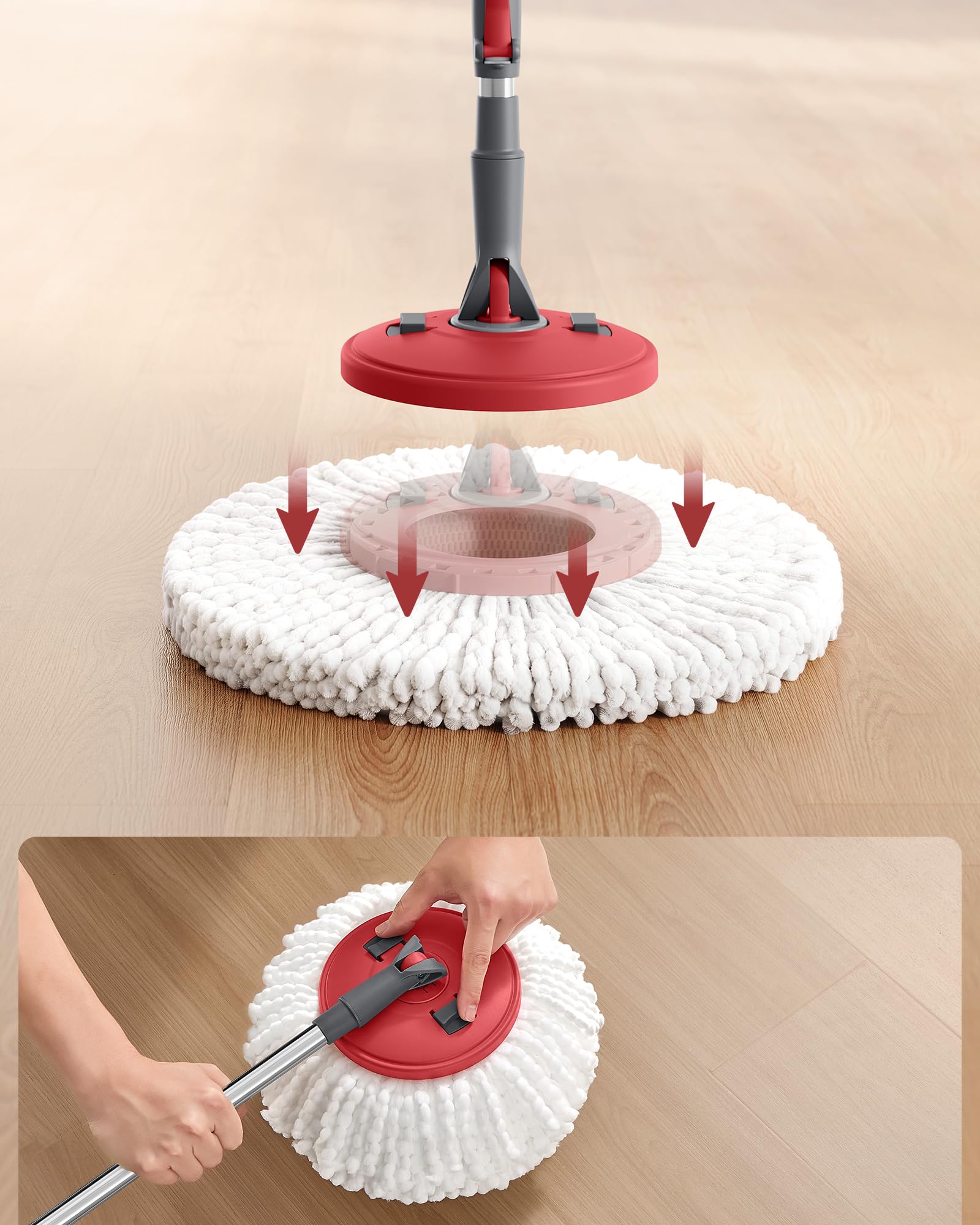 SONGMICS Mop Obrotowy z Wiadrem, z 2 Wkładami z Mikrofibry | Zestaw do Sprzątania, Stal Nierdzewna, 44 x 29 x 27,8 cm, Szary i Czerwony, Kolekcja CLEMAX LMB002GT02