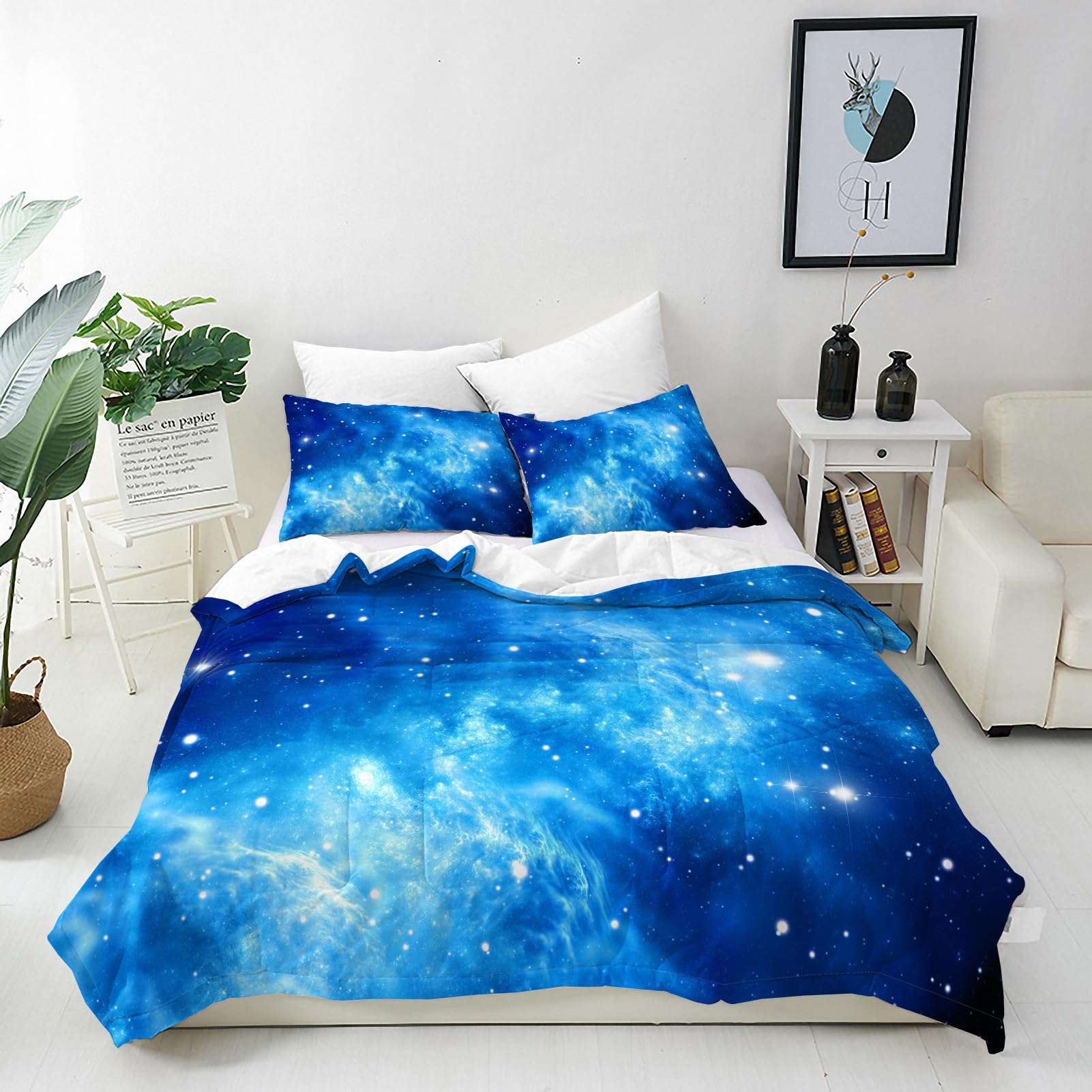 ANHOPE Blue Galaxy Duvet Cover Set Soft Comforter Cover Space Nebula Stars Print Pattern 3 Piece Bedding Set with Pillowcase All Season Quilt Cover with Zipper Closure for Kids Adults King Size