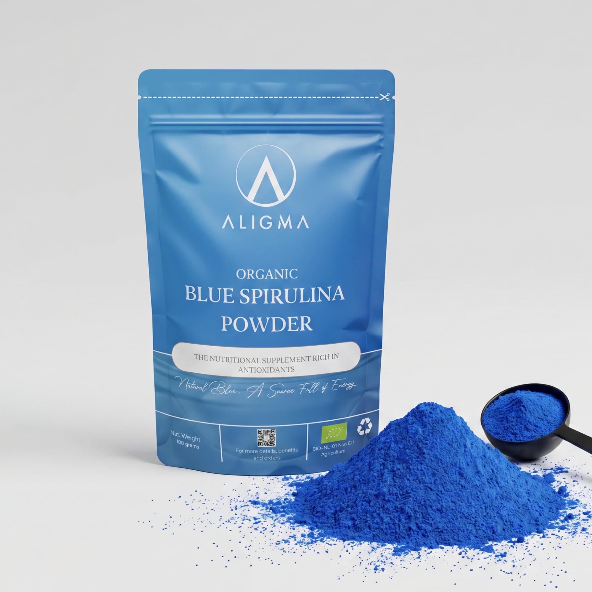 Aligma Bio-Spirulina-Pulver blau 75 Gramm | 100% natürliches Phycocyanin für Smoothies – leuchtend blauer Lebensmittelfarbstoff und proteinreicher Inhaltsstoff | Wiederverschließbare Verpackung