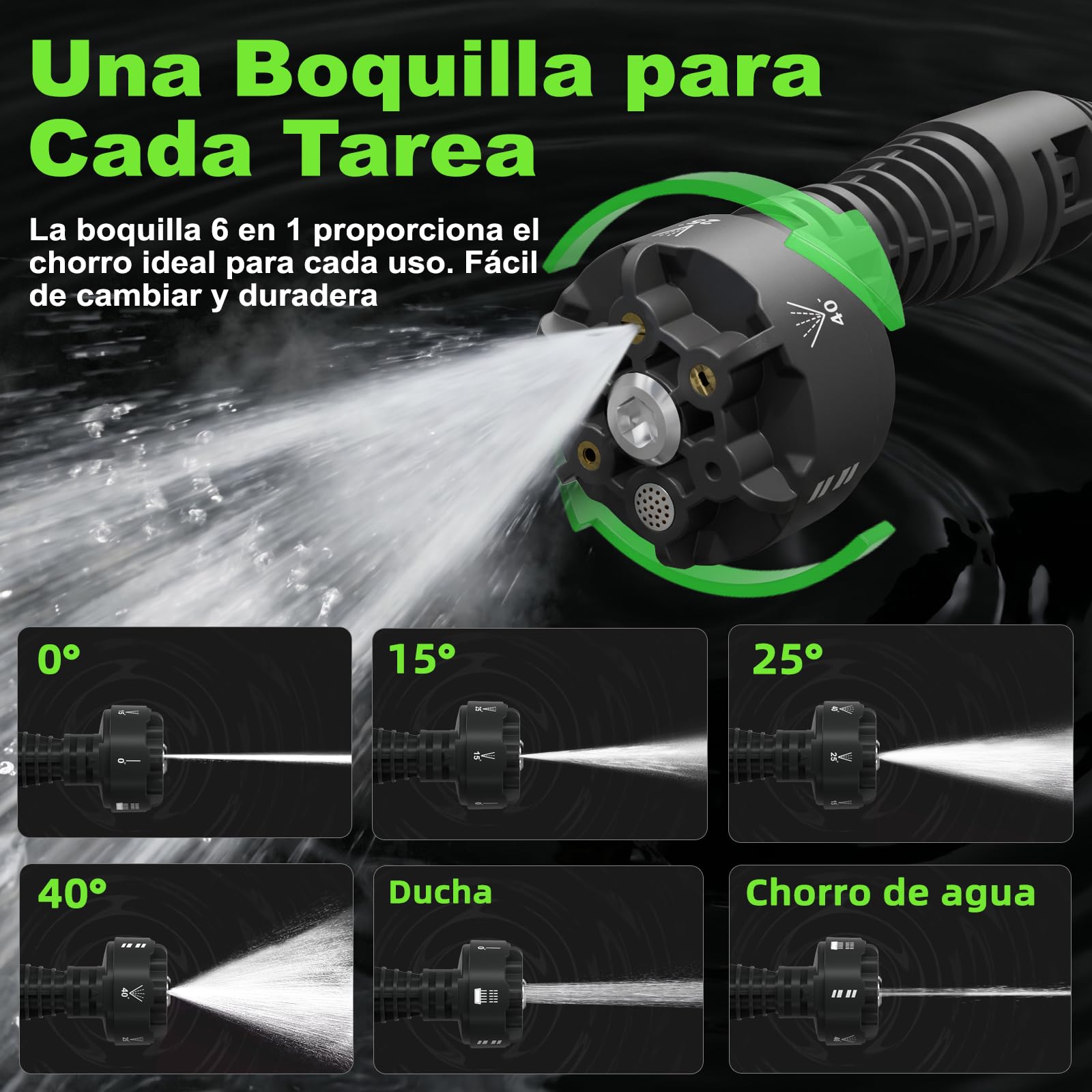 Hidrolimpiadora a Bateria con Boquilla 6 en 1, 2 Baterías, Manguera Trenzada de 6,5 m, Hidrolimpiadora Portátil de Alta Presión Conexión de Grifo para Coche, Jardín, Terraza
