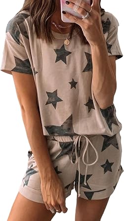 wihnsinop Khaki Camo Star Print Short Lounge Set 2026 Summer Outfits for Women 2 Piece Sets