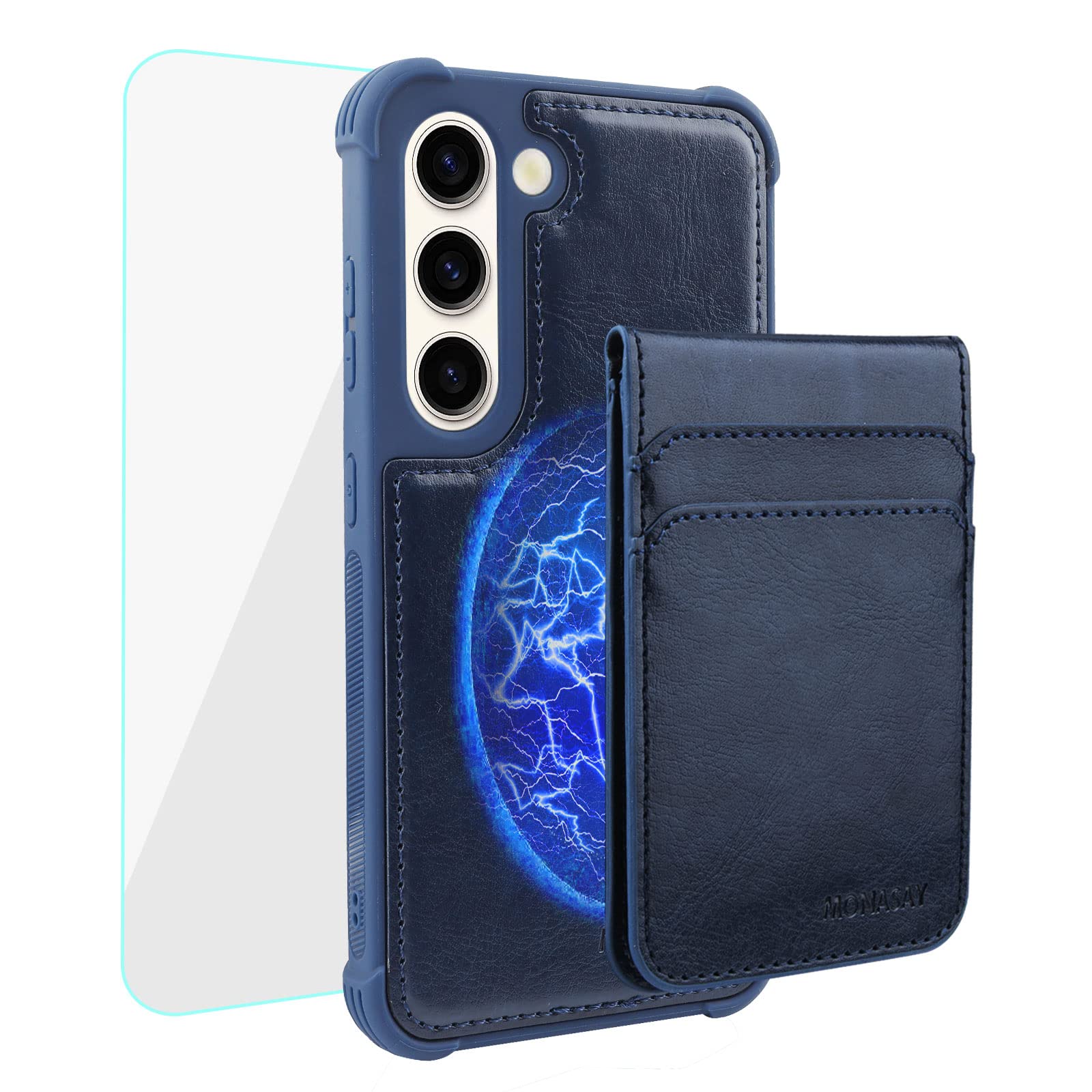 MONASAY Magwallet Case Fit for Samsung Galaxy S23 Plus, [Wireless Charging] Flip Folio Magnetic Leather Phone Cover with Detachable RFID Blocking Card Holder, Navy Dark Blue