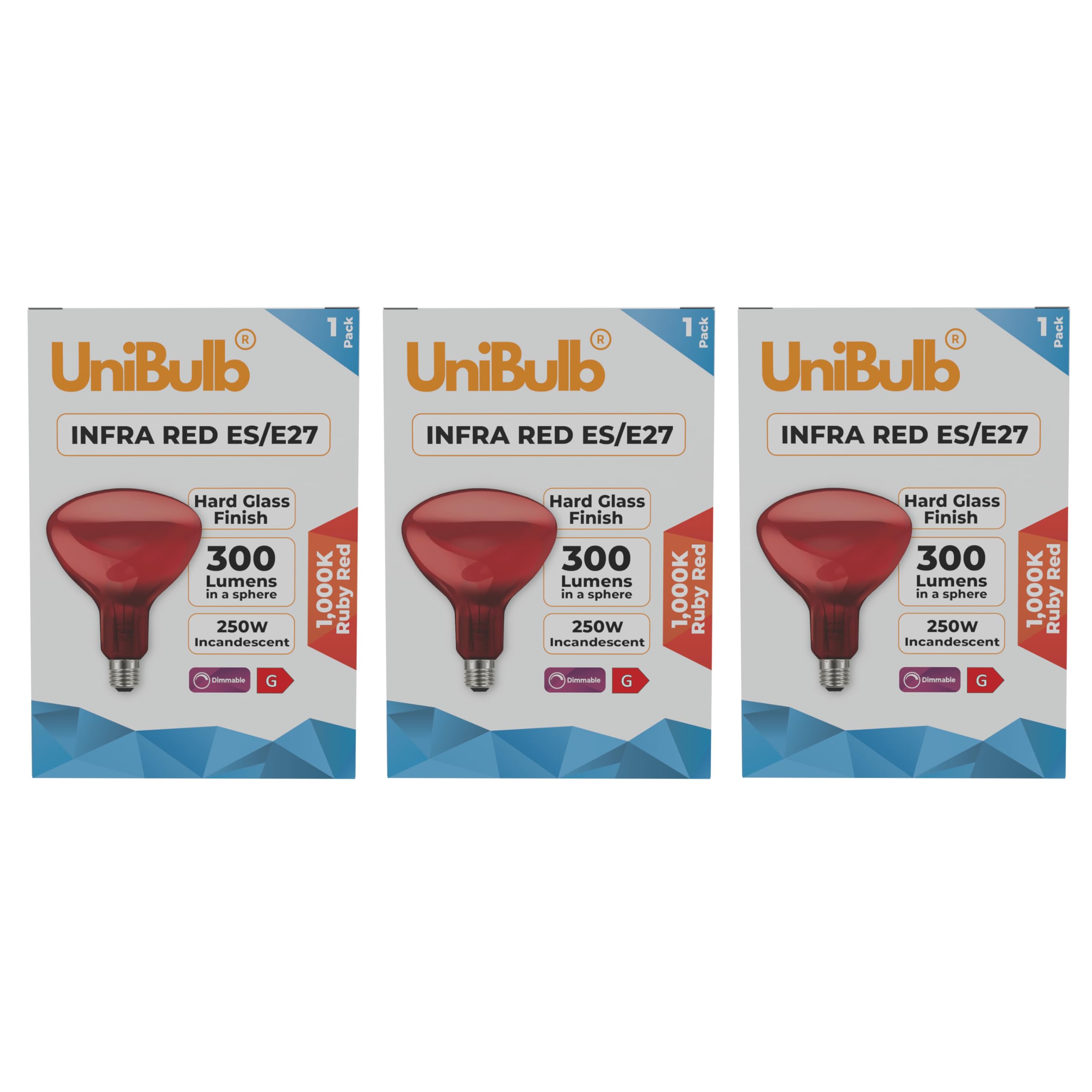 Unibulb Infra-Red Heater Lamp E27 (ES) 300 Lumens, 250W Heat Lamp Light Bulb, Ruby Red Finish, 1000k Candlelight, Hard Glass, Edison Screw, Dimmable (3)