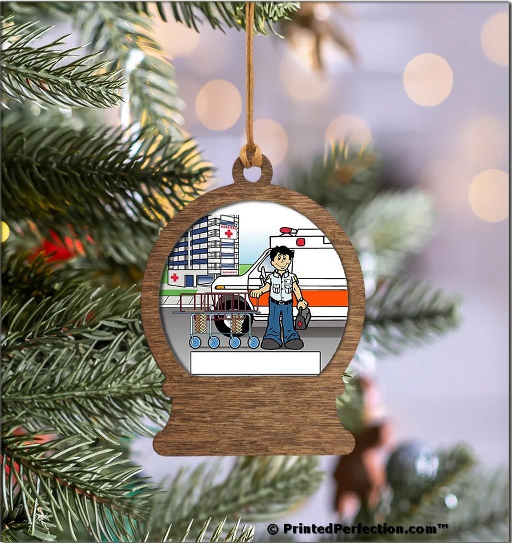 PrintedPerfection.com Personalized EMT, Paramedic, Ambulance - Male Wooden Snow Globe Shaped Christmas Ornament