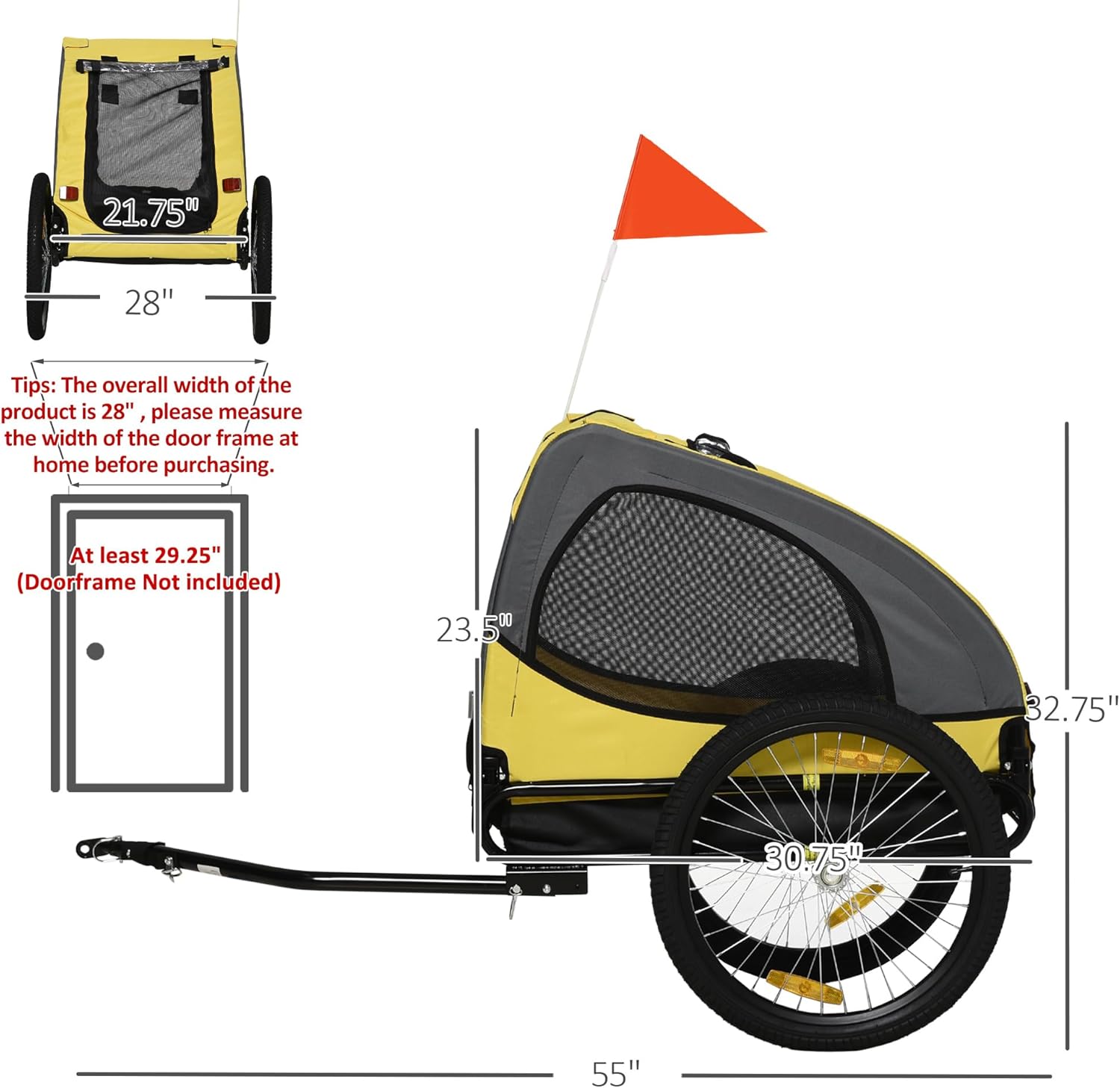 GOWE Dog Bike Trailer, Pet Bike Wagon with Steel Frame, Hitch Coupler, Quick Release Wheels, Reflectors, Flag, Pet Travel Carrier for Medium Dogs, Yellow
