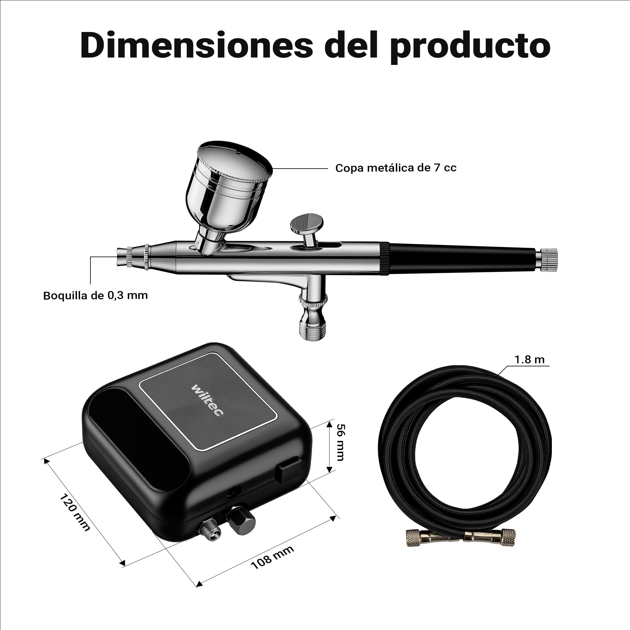 Wiltec HS-A10K Set compresor portátil de 12V con aerógrafo, boquilla 0,3 mm y manguera de 1,8 m presión máx. 2,8 bares para aerografía, tatuajes y manicura, arranque y parada automáticos