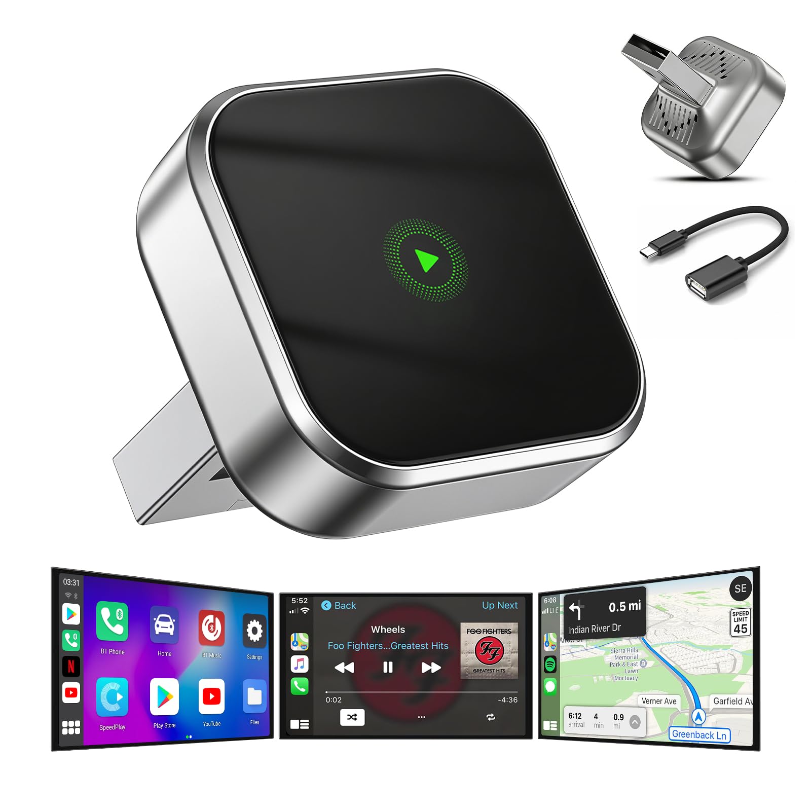 WingFly Wireless CarPlay Adapter mit GPS und Navigationsunterstützung, Kabelloses CarPlay für Fahrzeuge ab 2016, 5GHz WiFi, Bluetooth 5.0 Auto-Connect, Niedrige Latenz, OTA-Updates
