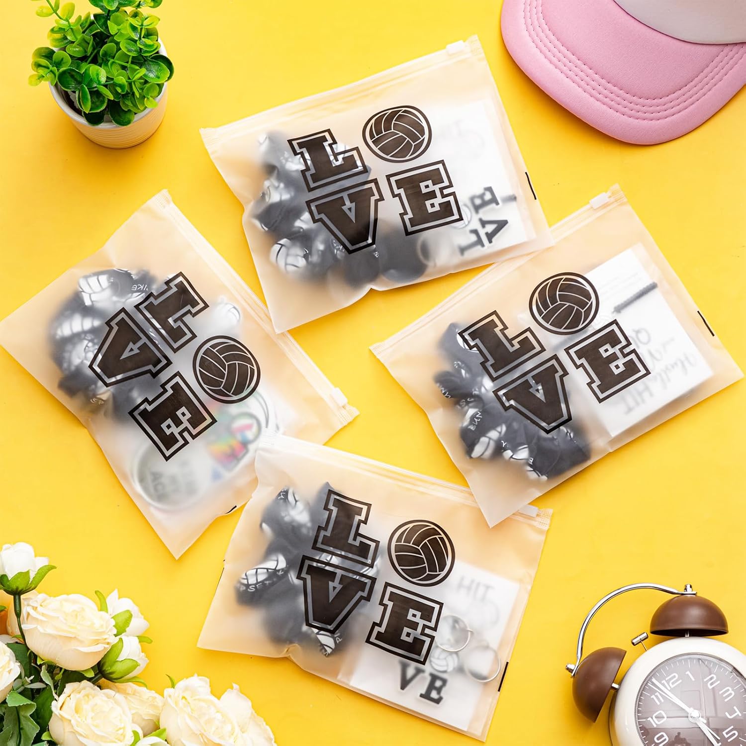 Yunlly 150 Pcs Volleyball Gifts Volleyball Accessories Include 36 Volleyball Gift Bags 36 Volleyball Bracelets 36 Volleyball Scrunchies 6 Set Volleyball Stickers 36 Volleyball Keychains for Party