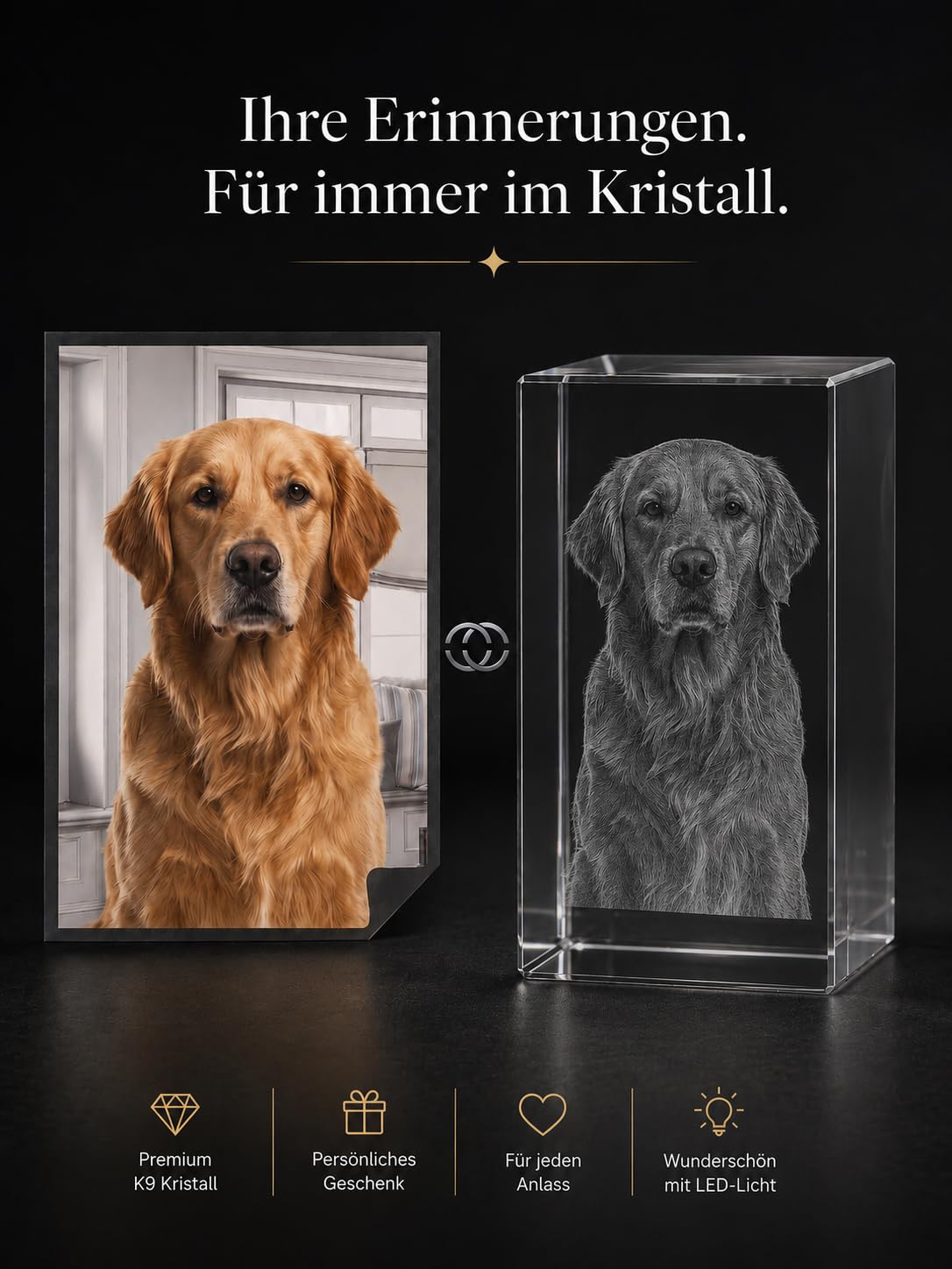 2.5D Kristall mit Foto, Foto Würfel mit LED-Sockel – Personalisiertes Kristallfoto aus K9 mit Lasergravur, Geschenk für Mama, Papa & Paare