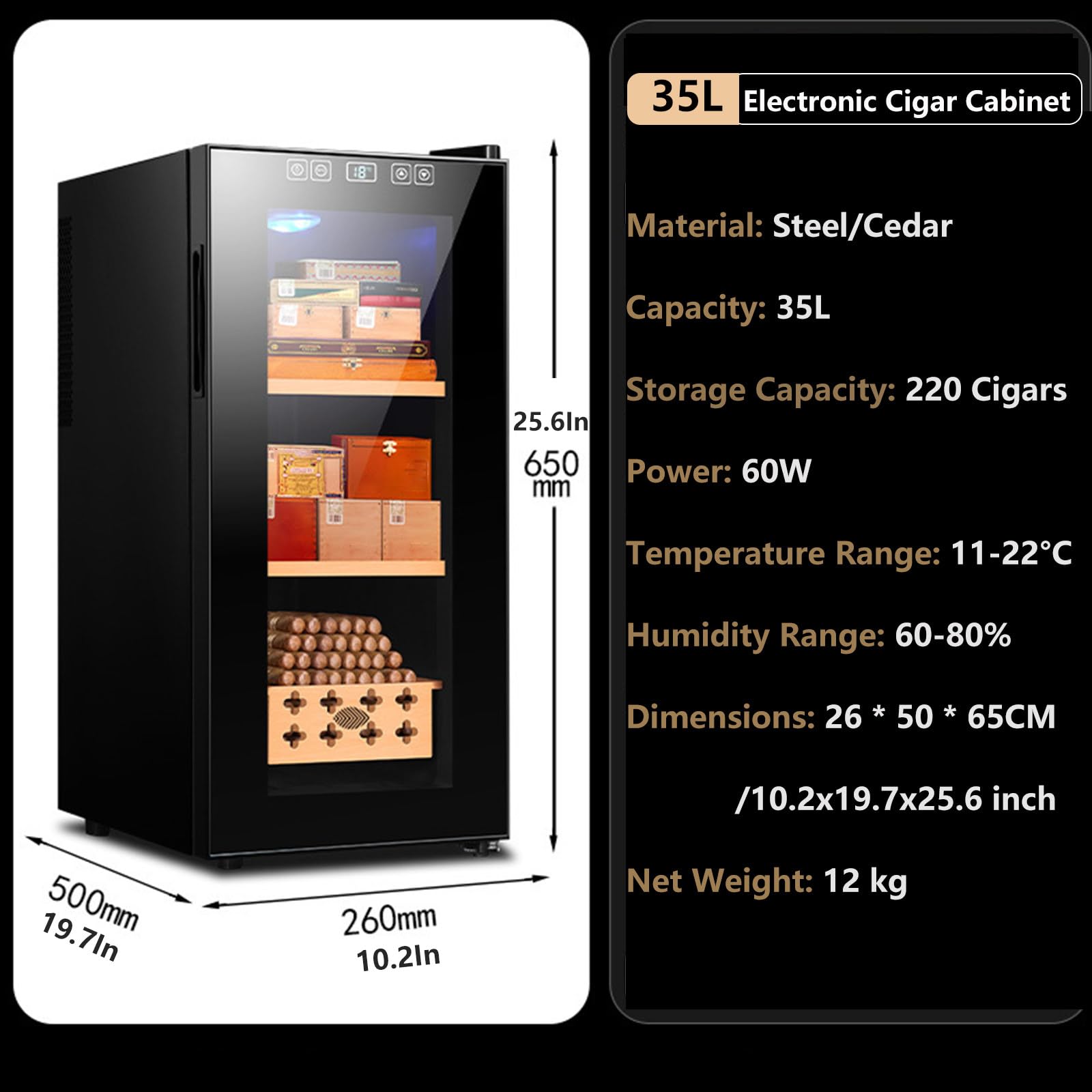 Humidor Zigarren Schrank Mit LED-Display, Humidor Elektrisch Mit 360° Luftzirkulation, Leiser Kühlung Und Schloss, Zigarrenliebhaber 35L-220Counts