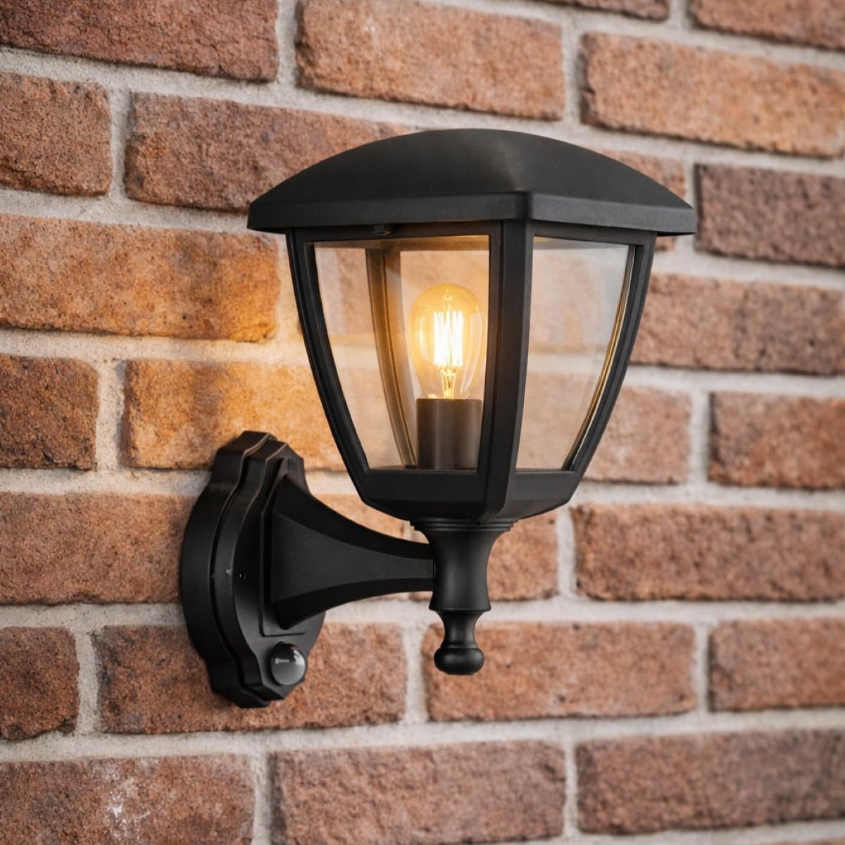 CGC Lighting Outdoor Wall Light Black Lantern Traditional E27 Mains Power Full Weatherproof (Black 2 PIR)