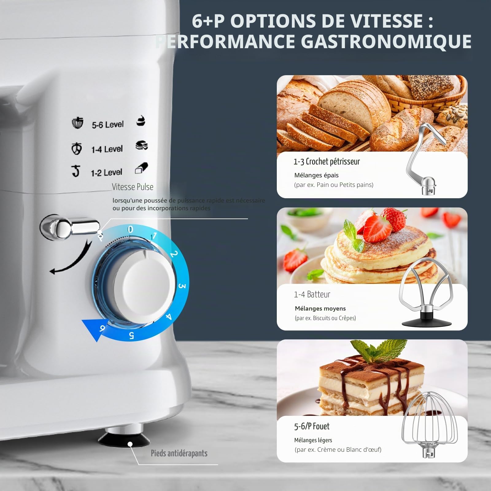 Robot Patissier, 2000W Robot Cuisine Multifonctions 6,5L Faible Bruit | Robot Pétrin Professionnel avec Crochet Pétrisseur, Batteur, Fouet à Fil, Couvercle, 6+P Vitesses