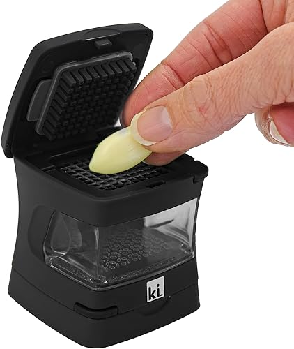Miniatura 29 de Prensa de ajo, trituradora, cortadora, picadora y recipiente de almacenamiento, incluye pelador de ajo de silicona, fácil de limpiar, cuchillas