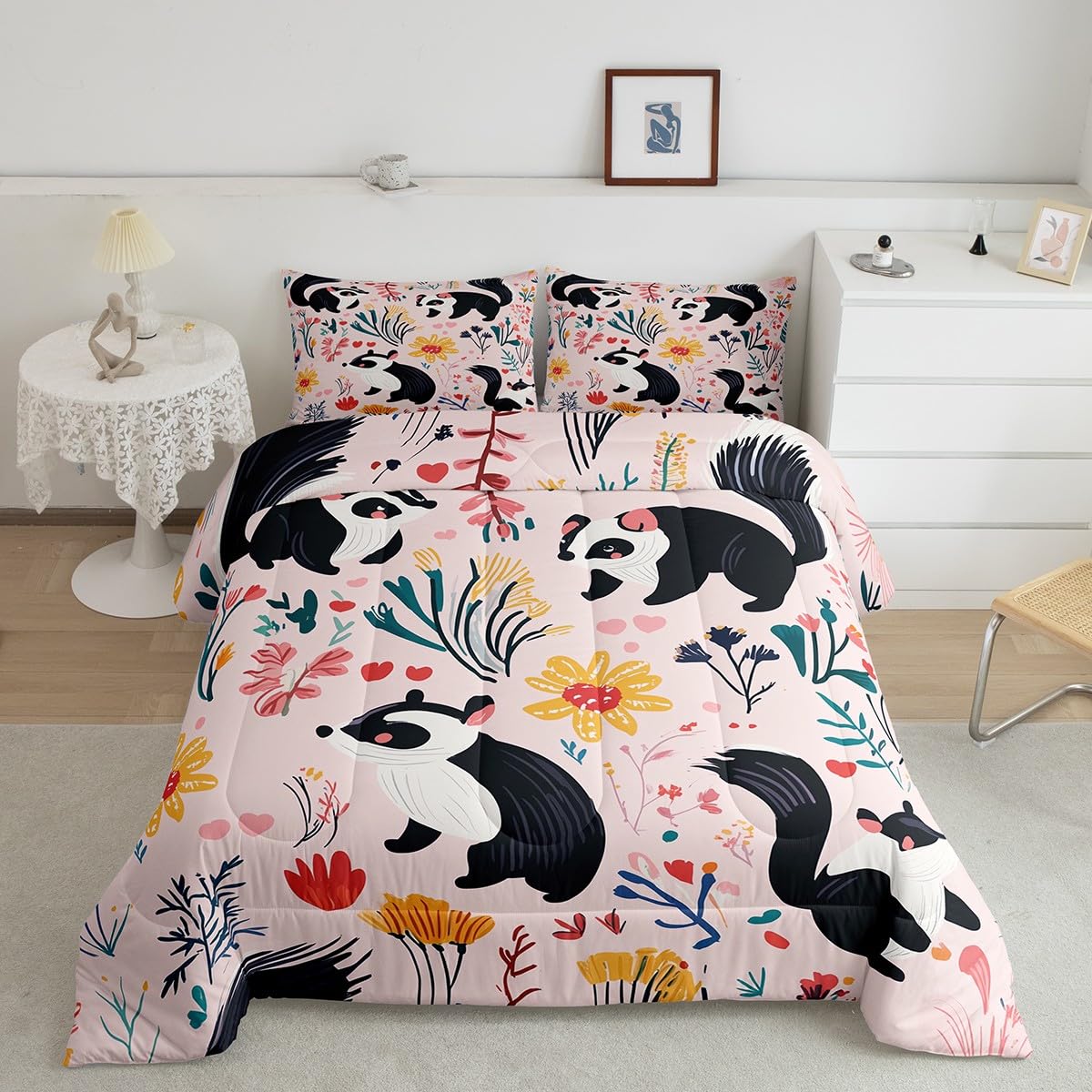 Erosebridal Cartoon Skunks Full Comforter Set for Kids Boys,Cute Skunk Animals Girls Bedding, Rustic Botanical Garden Flowers Bedding Comforter Sets, Colorful Blooms Florals Plants Quilt, 3Pcs