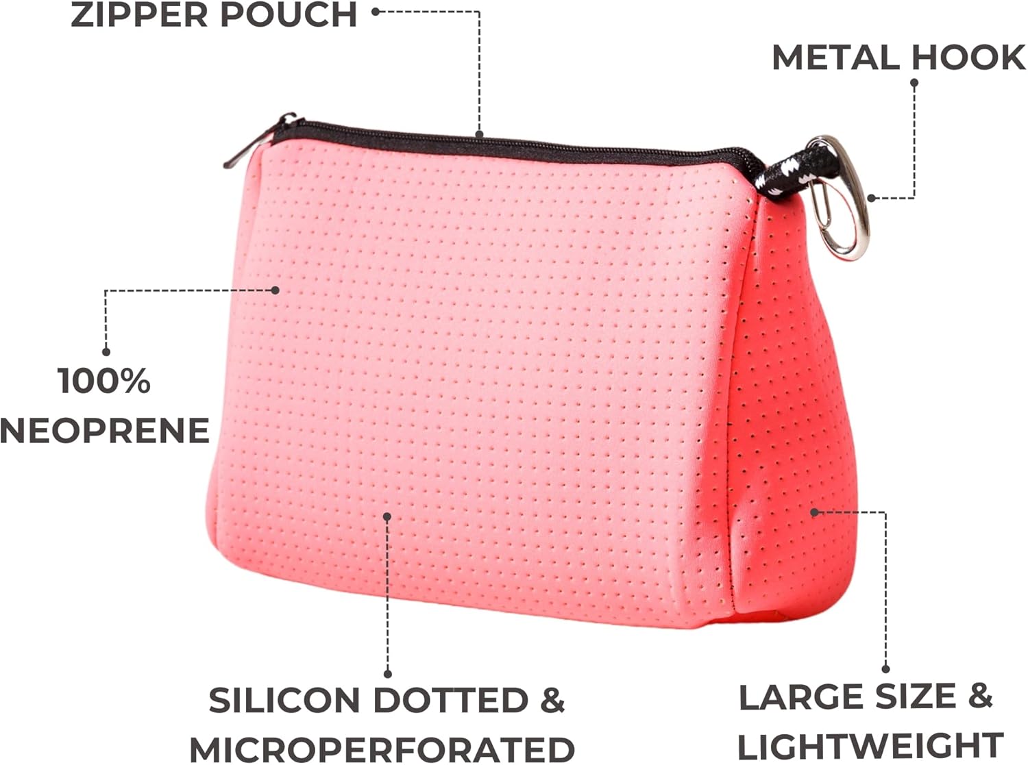 POPUPS Large Makeup Bag with Zipper, Neon Pink - Waterproof Neoprene Cosmetic Bag 7.7 x 10.75 x 5 inches
