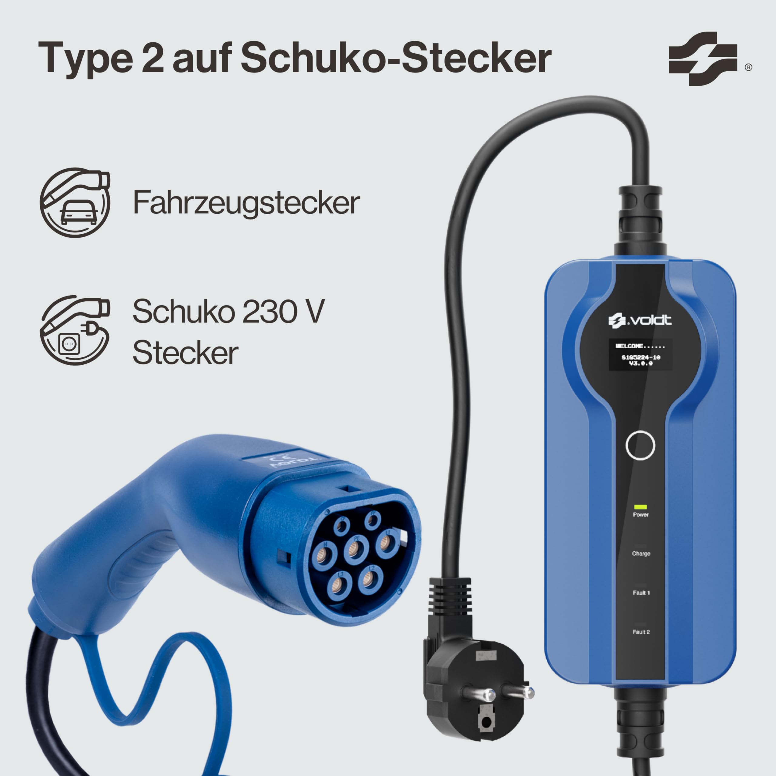 VOLDT Typ 2 Ladekabel Schuko 3,7 kW, 1-phasig, 8A - 16A, verstellbare EV-Ladegerät mit steuerbarer Digitalanzeige für Elektroauto, Ladekabel für Elektrofahrzeuge, IP67 wasserdich