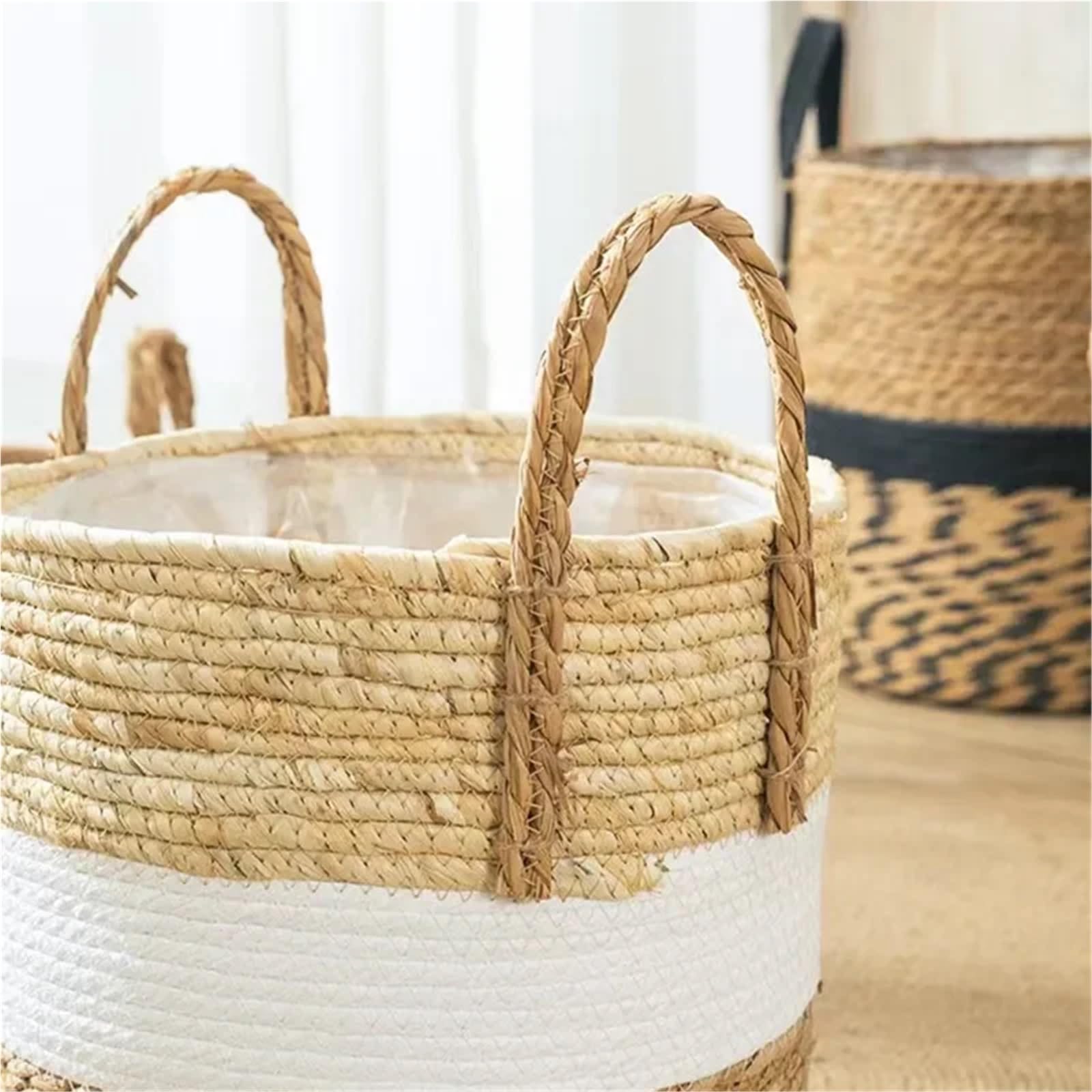 Cache Pot en Osier Panier de jardinière Fantaisie en Osier, Pot de Fleur, décoration de Maison, Jardin en Bambou, paniers de Rangement en jonc de mer, Porte-Jouets 3 pièces(Fancy 22CM)