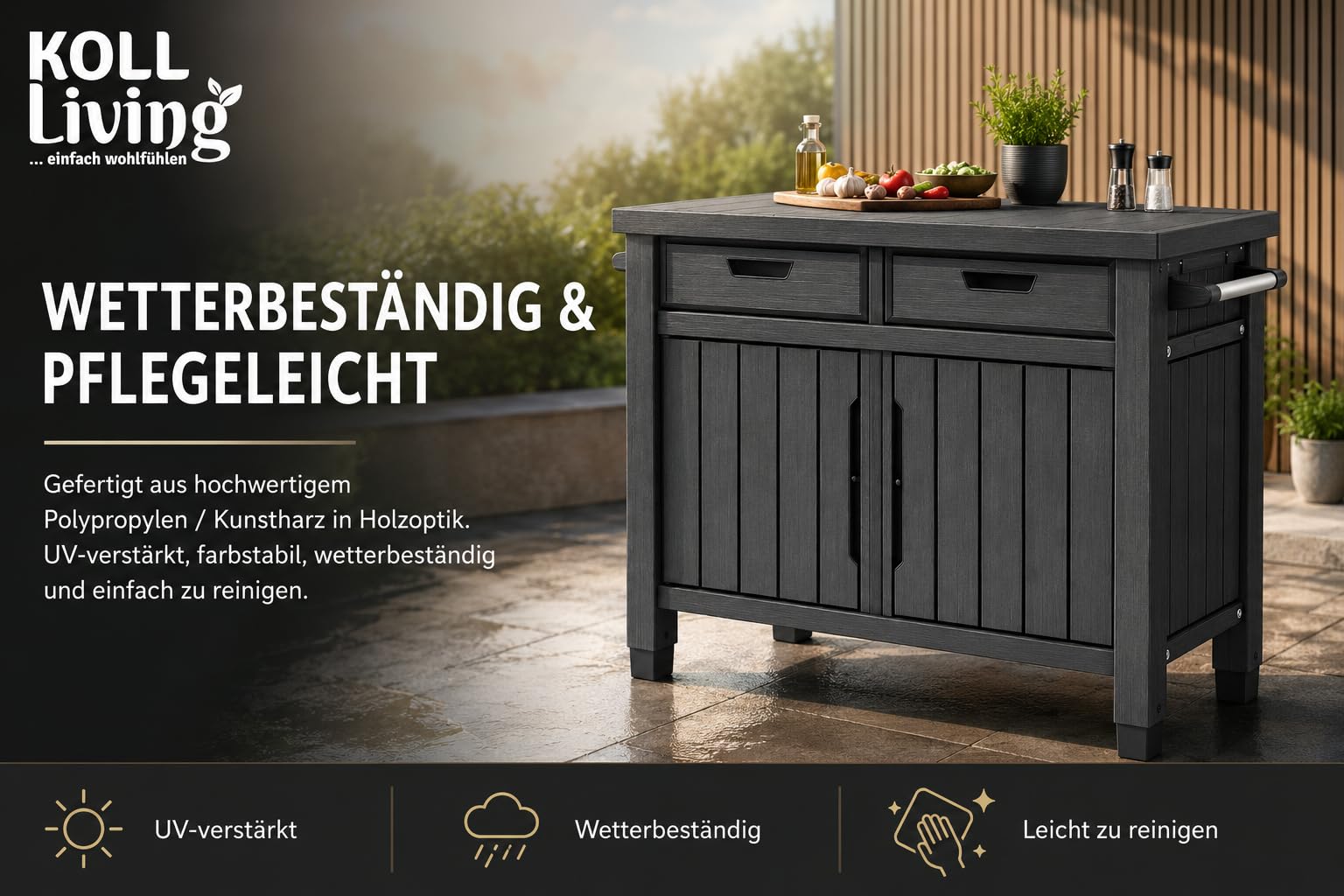 Koll Living Tavolino/tavolino XXL – Tavolo da servizio multifunzionale con ampio spazio – resistente alle intemperie – effetto legno