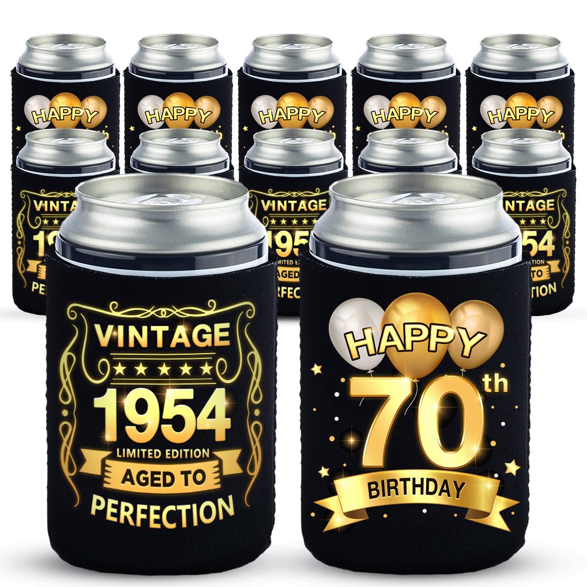 Greatingreat 70th Birthday Can Cooler Sleeves Pack of 12-70th Anniversary Decorations- Vintage 1954-70th Birthday Party Supplies - Black and Gold seventieth Birthday Cup Coolers