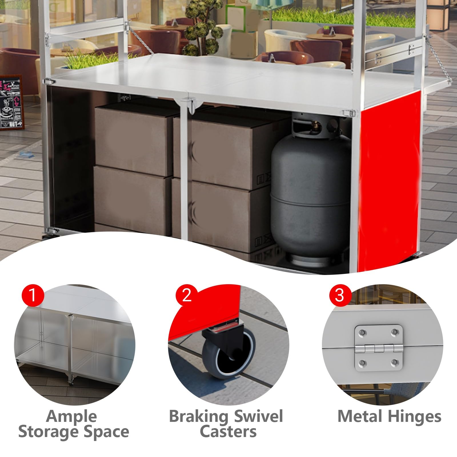 Carrello portatile per alimenti con ruote, carrello pieghevole in metallo, grande stoccaggio, ruote girevoli a 360° bloccabili, piano di lavoro estensibile per mercati e cibo da strada