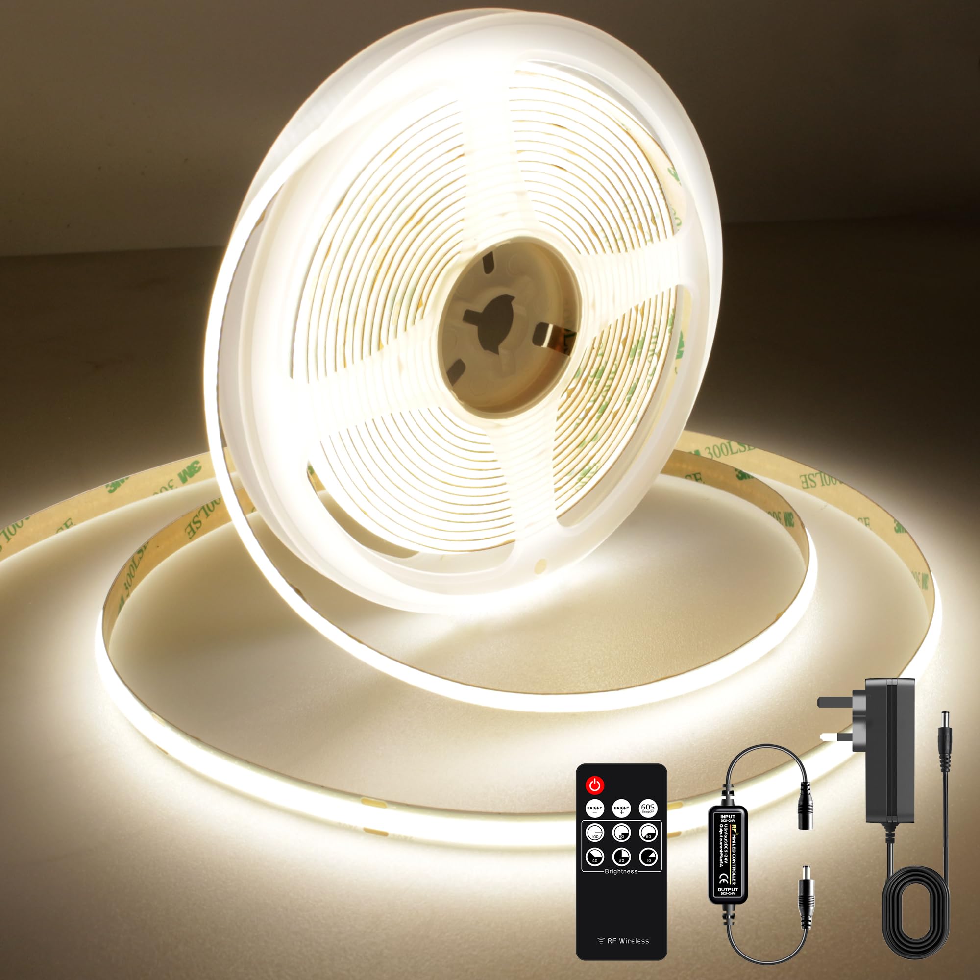 COB LED Strip Lights 2m, 4000K Natural White Dimmable LED Strip, 640 LEDs Super Bright DC24V LED Light Strip CRI90+ with RF Remote and UKCA Power Supply for DIY Home Decoration