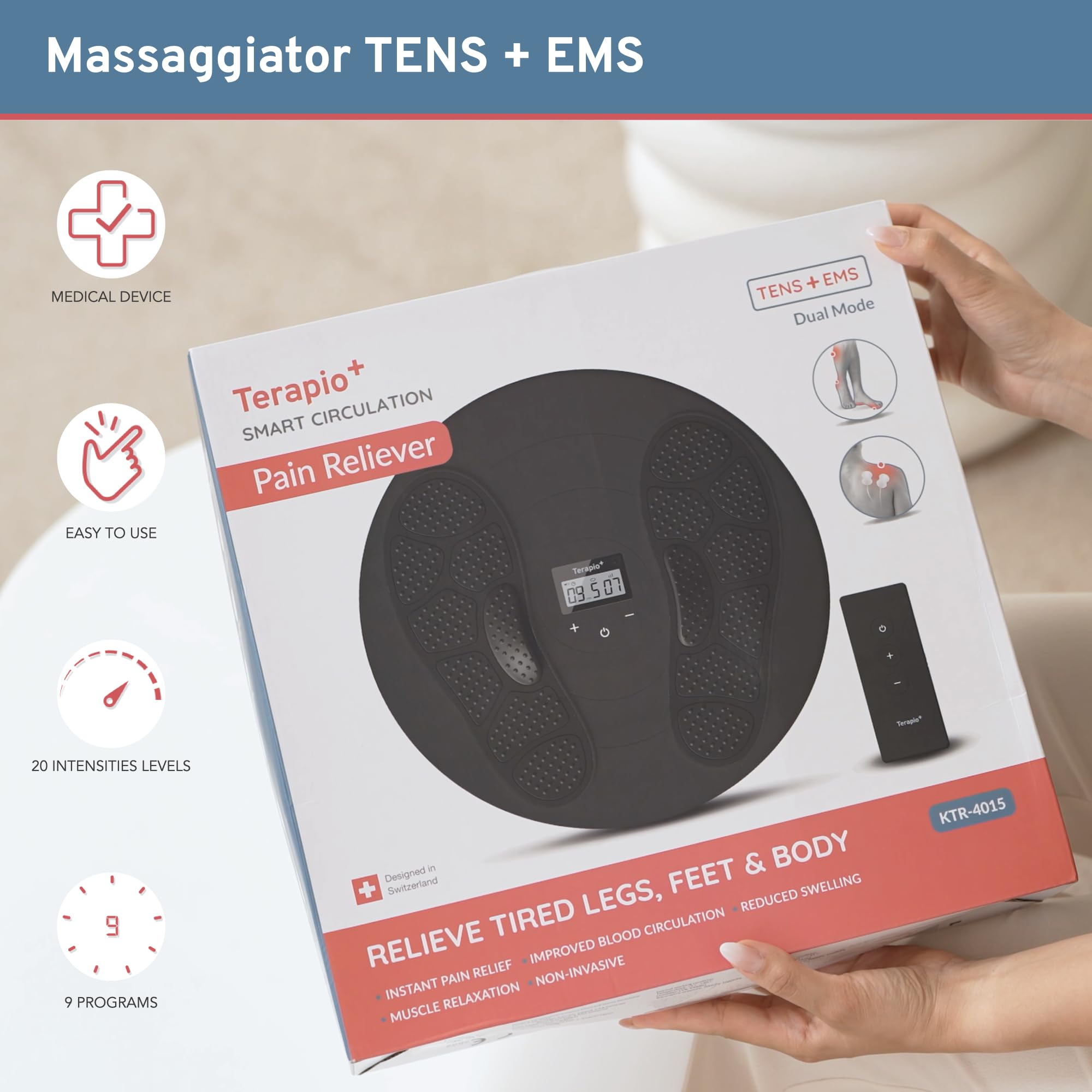 TERAPIO Elettro Stimolatore Circolatorio. Massaggiatore per Piedi, Gambe Pesanti e Corpo. Apparecchio Medico di Massaggio per Migliorare la Circolazione Sanguigna con le Tecnologie TENS & EMS.