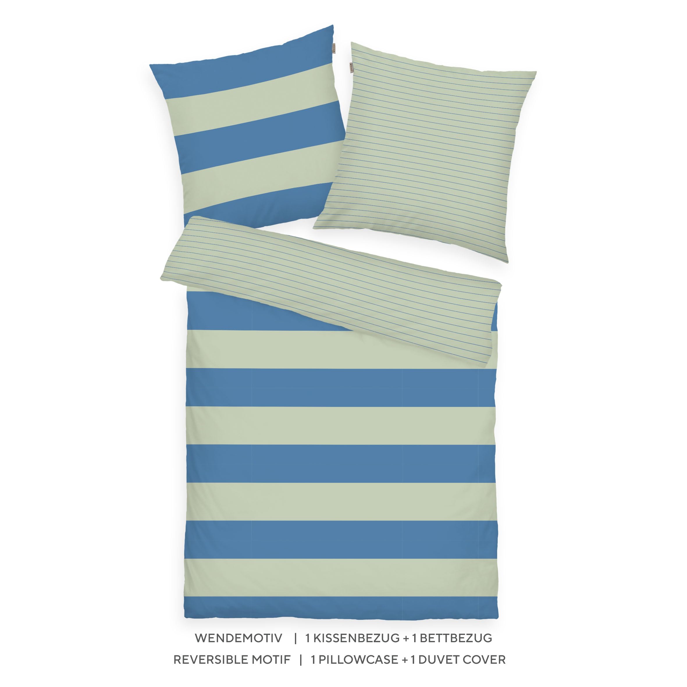 TOM TAILOR Renforcé-Bettwäsche, 80x80 cm + 155x220 cm, 100% Baumwolle/ Renforcé, mit Wendemotiv und farbigem Reißverschluss, BOLD STRIPES Grün, Blau (Green Leaf & Cool Blue)