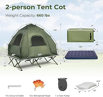 KOTEK 5-in-1 Tent Cot with Air Mattress, Sleeping Bag, Pillow, Canopy, Zippered Mesh Windows & Carry Bag, Elevated Tent for Camping, Hiking, Traveling, Picnic