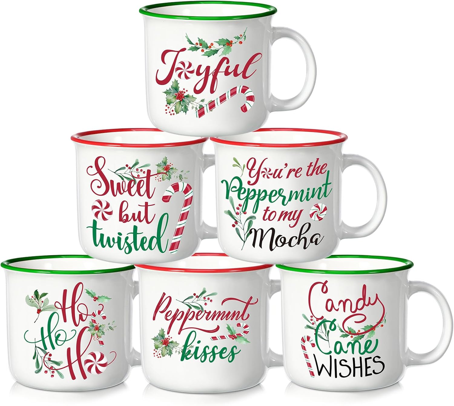 Pickmesh Christmas Coffee Mug Set of 6, 14Oz Christmas Ceramic Mugs With Handle Novelty Red Green Cups Enamel Xmas Mugs for Winter Xmas Gift Party Supplies