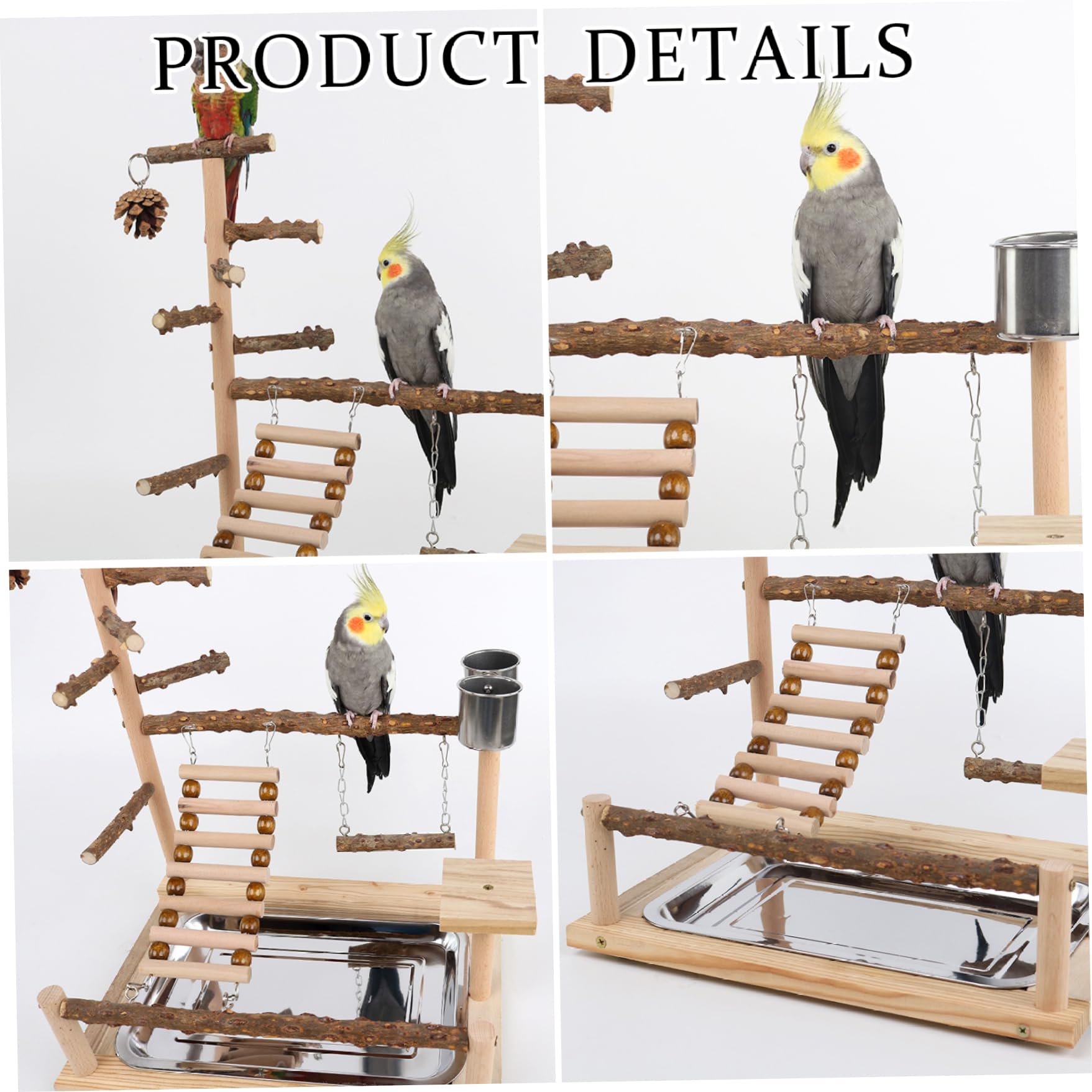 Support de perroquet en bois naturel pour aire de jeux pour oiseaux, avec tasse d'alimentation, support de perche pour oiseaux, jouets pour perruches, perche polyvalente 14.6*10.2*17.7 pouces