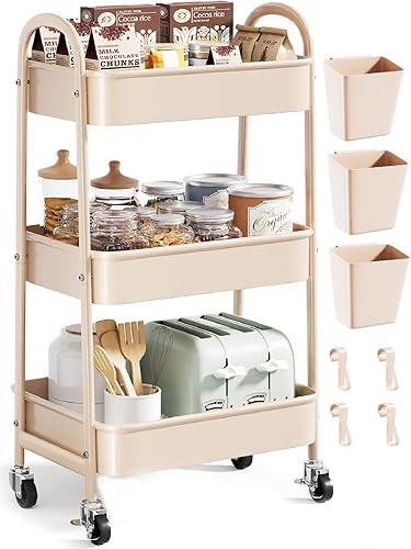 Carrito rodante de 3 niveles en color beige, metal con ruedas, carrito de almacenamiento de tres niveles con ruedas para arte, manualidades,