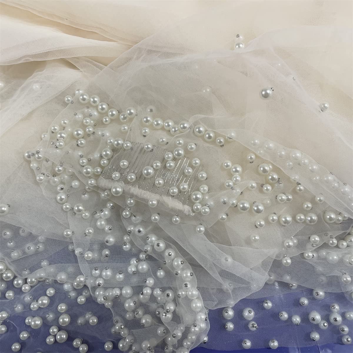 Welon ślubny Welon na wieczór panieński, Perłowy welon ślubny o długości 300 cm, jednowarstwowy, z perłami, luksusowy, zdobiony klejnotami tiul mantilla, kryształowe akcesoria do włosów dla panny młod
