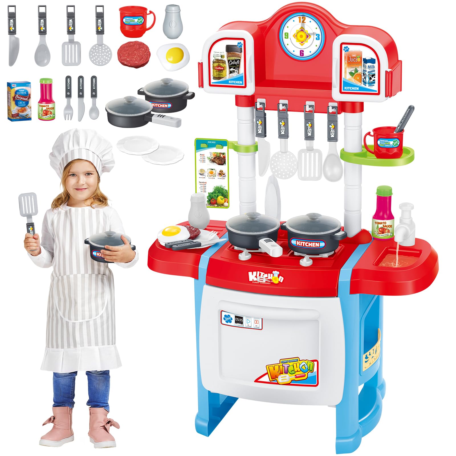deAO Kids Play Kitchen Set with Lights, Sounds & Running Water, 18 PCS Kitchen Accessories Pretend Play Cooking Games Toy for Toddlers Ages 3+ (Red)