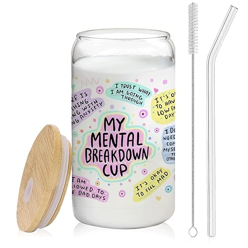 BEHIFL Positive Mental Health Gifts - My Mental Breakdown Cup Glass Cup with Lids and Straws 14oz, Inspirational Daily Affirmations for Women, Glass Coffee Tumbler Drinking Jars with Cleaning Brush - Mental Health