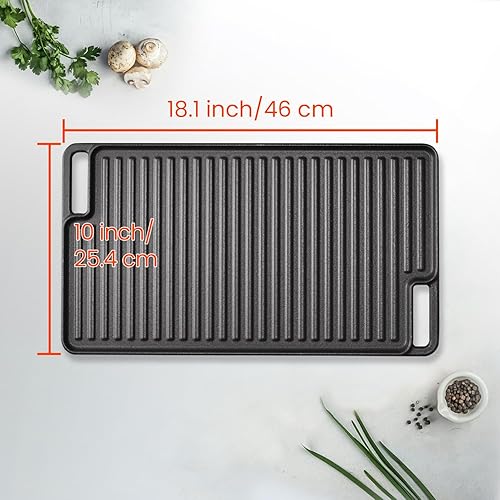Miniatura 6 de Parrillaplancha reversible con asas, plancha de hierro fundido pre-sazonado de 18 x 10 pulgadas, utensilios de cocina familiares antiadherentes,