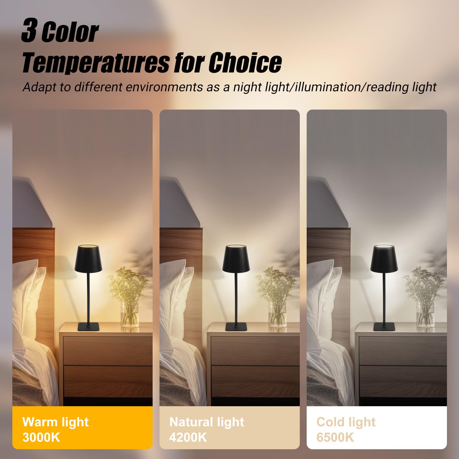EXTRASTAR Rechargeable Table Lamp, Cordless Lamp 3 Color Dimmable, Metal Touch Bedside Lamp for Living Room Bedroom Office Study-Black - Image 2
