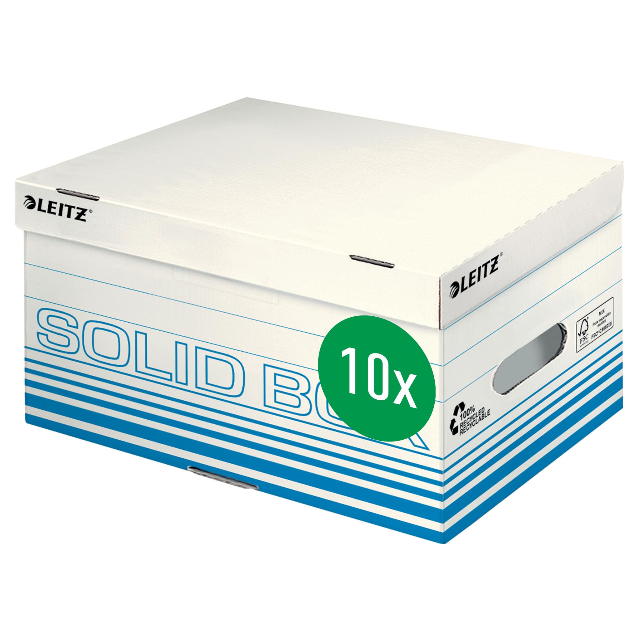 Leitz Solid Box Aufbewahrungs- und Transport-Schachtel, Größe S, Transportbox mit Klappdeckel, Faltbarer Karton, Für Ordner, Zeitschriften, 100% geriffelter Recyclingkarton, 10 Stück, Blau, 61170030