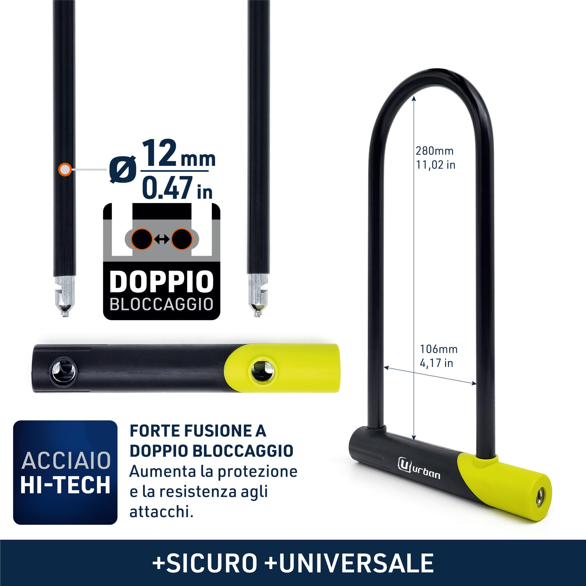 URBAN 12U300 Lucchetto a U Bici Alta Sicurezza, Leggero e con Ampio Archetto ø15 in Acciaio Temprato a Doppia Chiusura, Supporto per Trasporto Facile, Antifurto per Bici e Monopattino