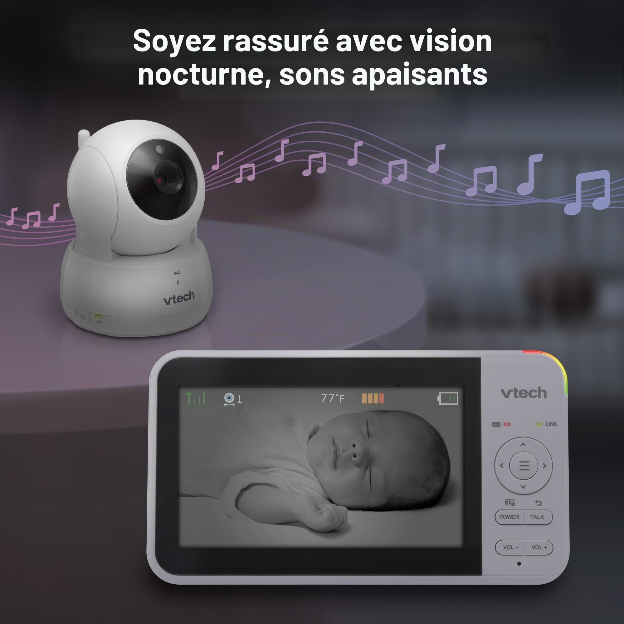 VTech VM924-2 Moniteur vidéo avec télécommande Pan-Tilt-Zoom 2 Cam, écran LCD de 12,7 cm, jusqu'à 17 heures de transmission vidéo, vision nocturne, portée jusqu'à 300 m, sons apaisants