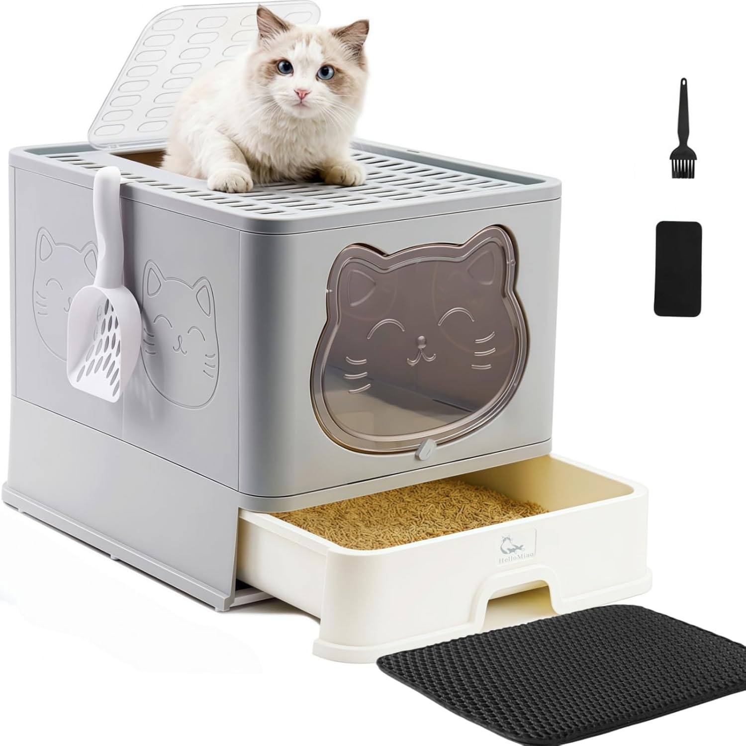 Fully Enclosed Litter Box with Lid, Foldable Extra Large Cat Toilet, Drawer Type Cat Litter Tray with Plastic Scoop, Suitable for Cats Under 17.6Ib(8kg) upgray+mat