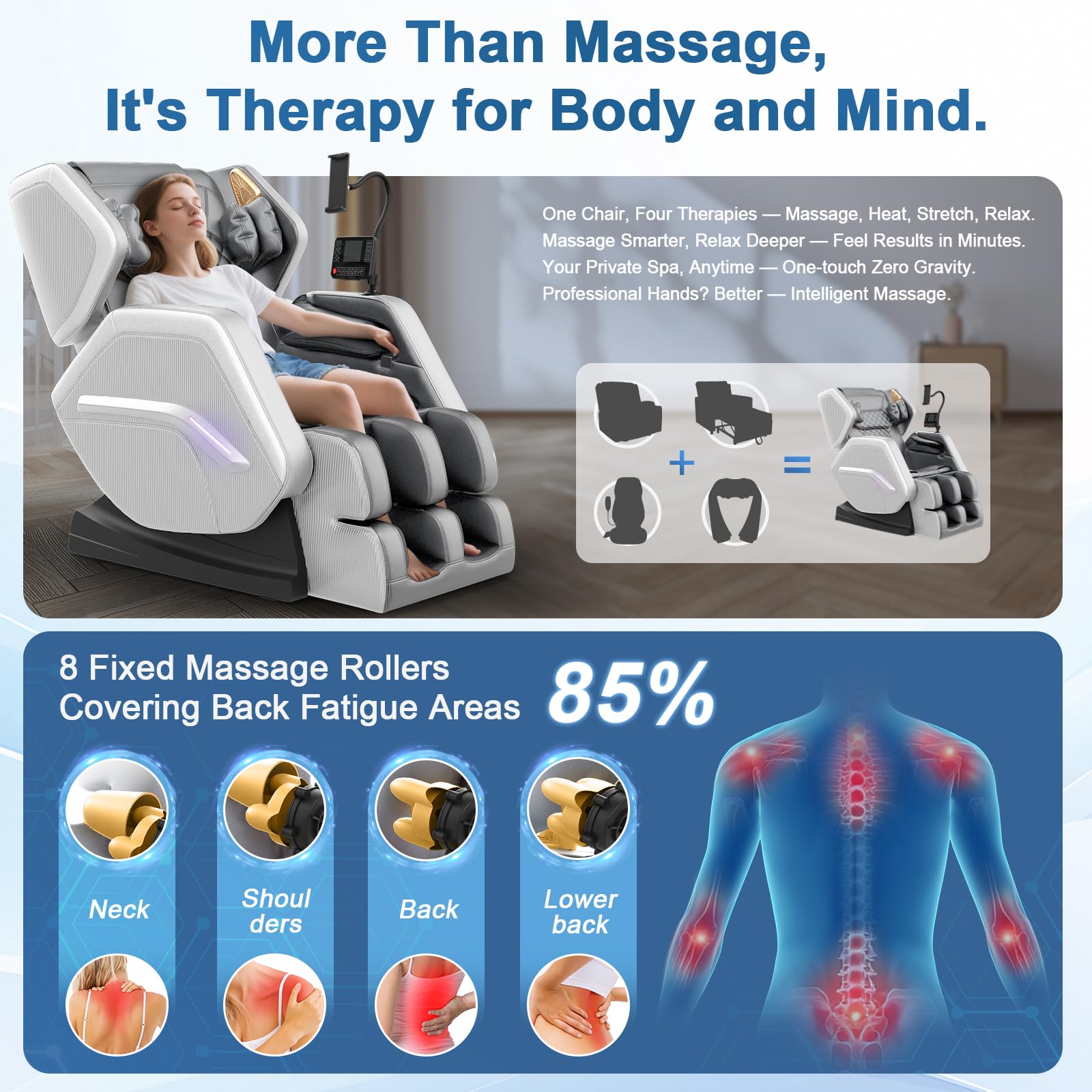 Sillón de Masaje, sillón reclinable de Cuerpo Completo con 14 Rodillos, 8 Bolsas de Aire, función de calefacción, Masaje de pies, Altavoz Bluetooth, Control Remoto táctil