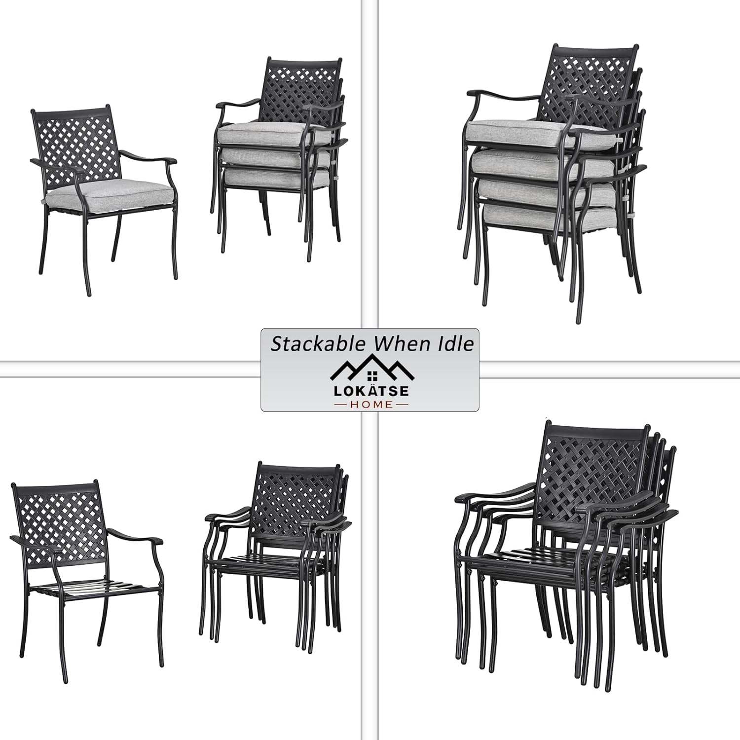 LOKATSE HOME 4 Piece Outdoor Patio Metal Wrought Iron Dining Chair Set with Arms and Seat Cushions - Grey
