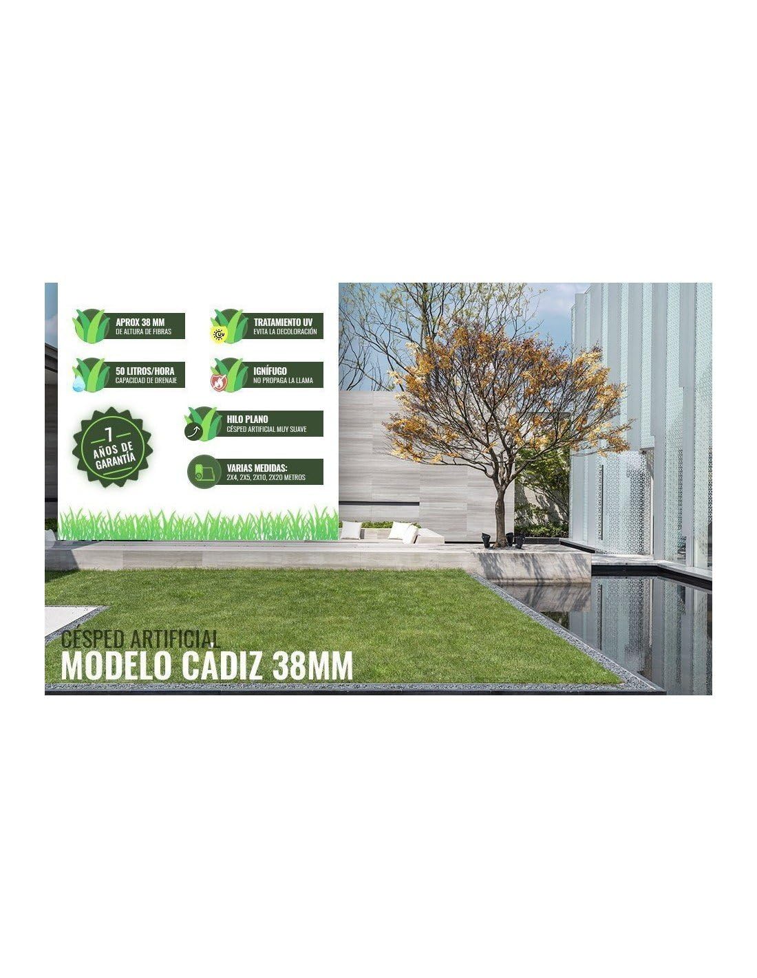 Jardin202 - Césped Artificial Cádiz 38mm - Buen Drenaje, Alta Densidad y Fácil Instalación | Rollo: 2x5 Metros () | Rollo: 2x5 Metros