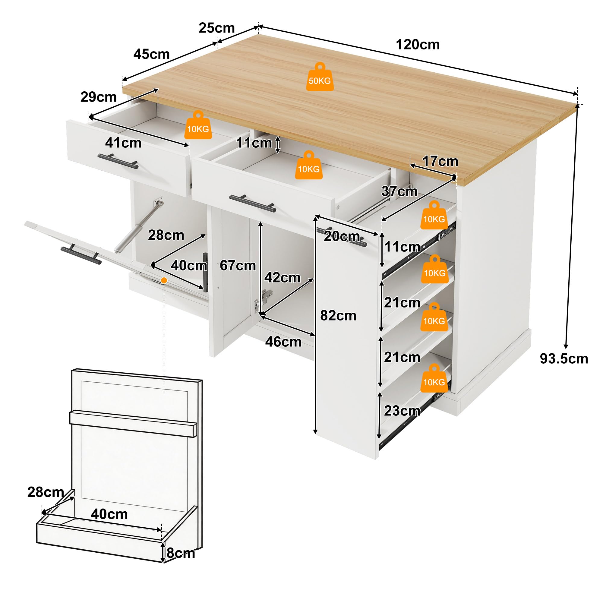 Merax Kücheninsel Freistehend mit Mülleimer, Küchenwagen mit Rollen, Küchenschrank mit Klappbarer Arbeitsplatte, 4 Gewürzregal, 2 Schubladen, Mülleimer Schrank für Küche, 120x70x93,5cm, Weiß