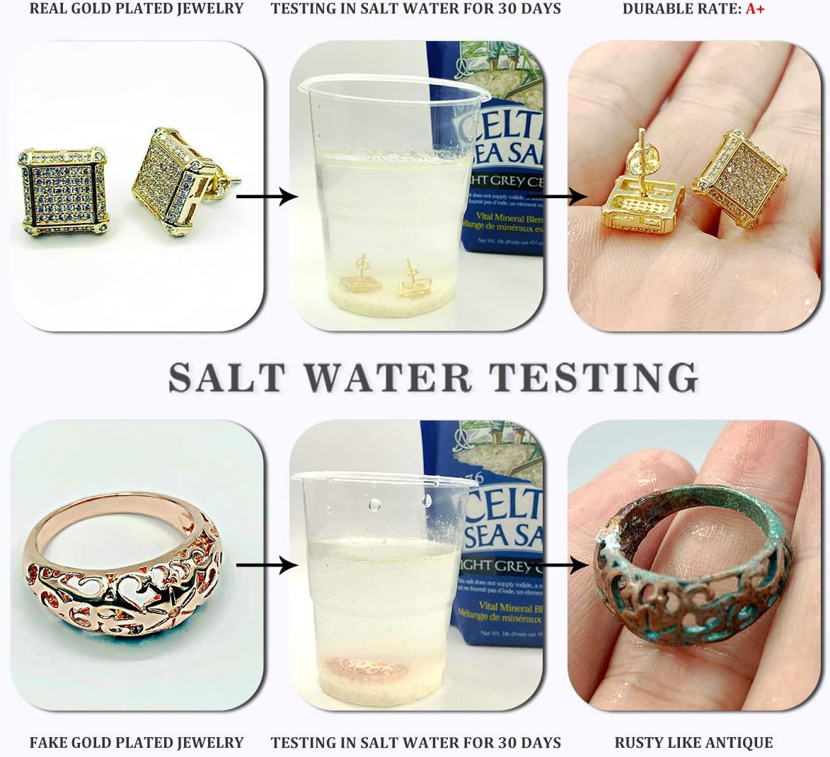 18K Gold Plated 925 Sterling Silver Iced Out Cubic Zirconia Screw Back Square Stud Earring For Men and Women Hypoallergenic Earring TwoTone Micropave Hip Hop Jewelry-Gold - Image 7