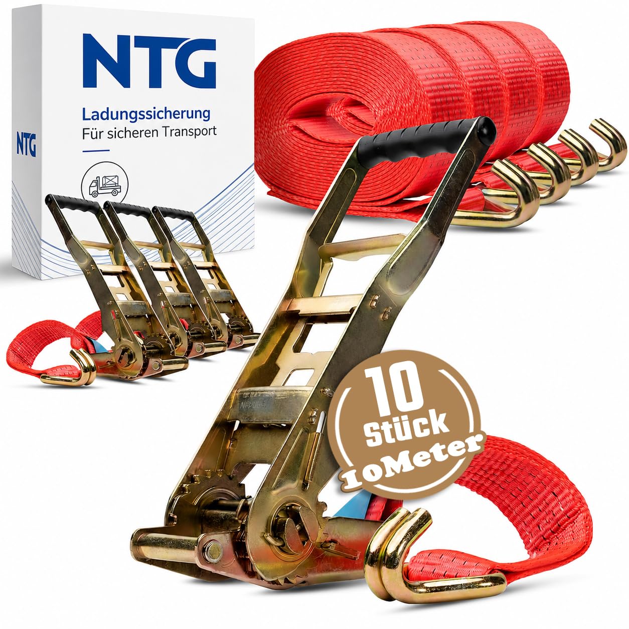 10 pièces 5000kg 10m Sangles de Serrage avec cliquet Ergo et Crochet testé TÜV/GS Sangles à cliquet Sangle d'arrimage 2 pièces Sangle d'arrimage pour camions 50mm